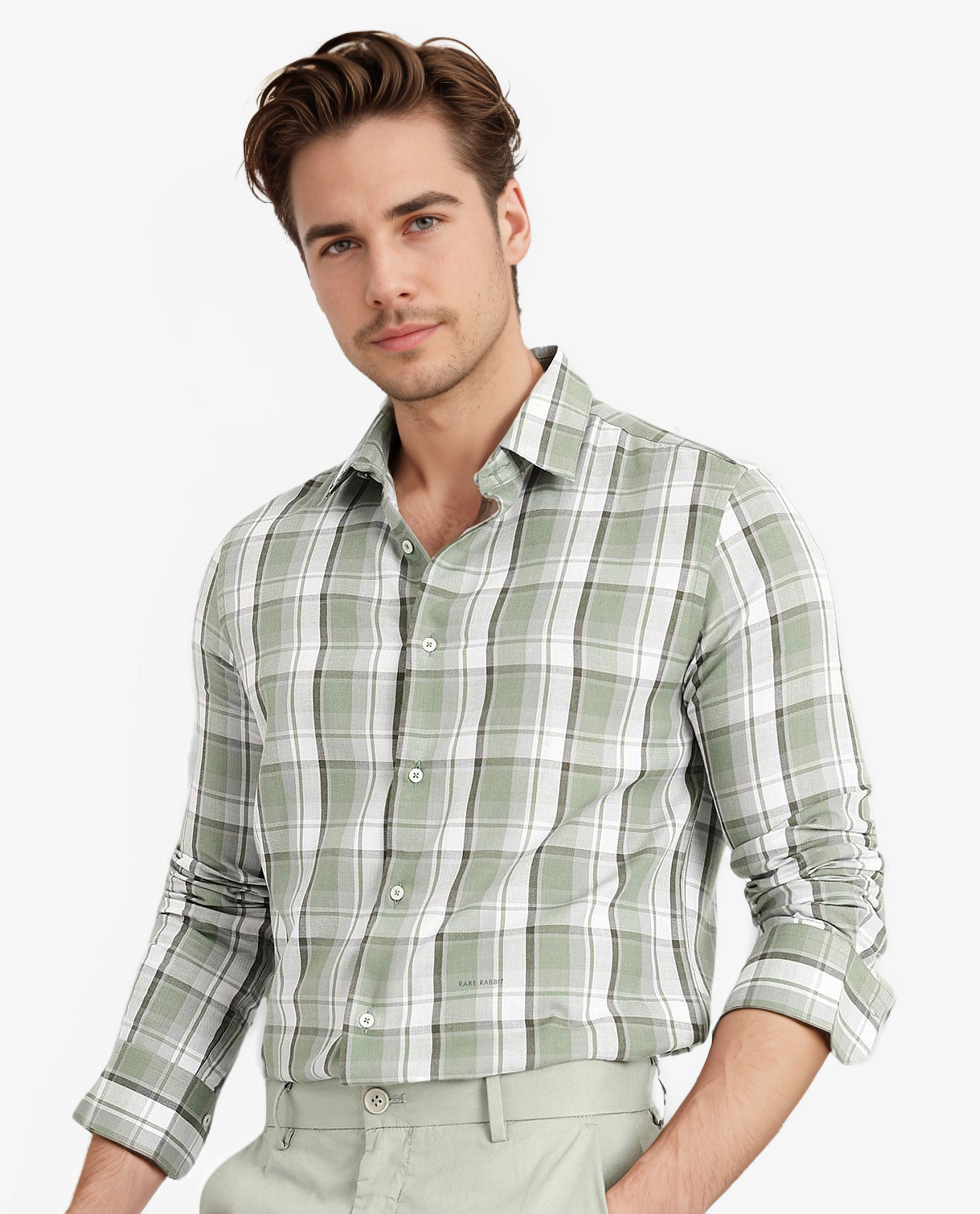 Rare Rabbit Men Greg Green Cotton Polyester Fabric Full Sleeve Collared Neck Regular Fit Check Print Shirt