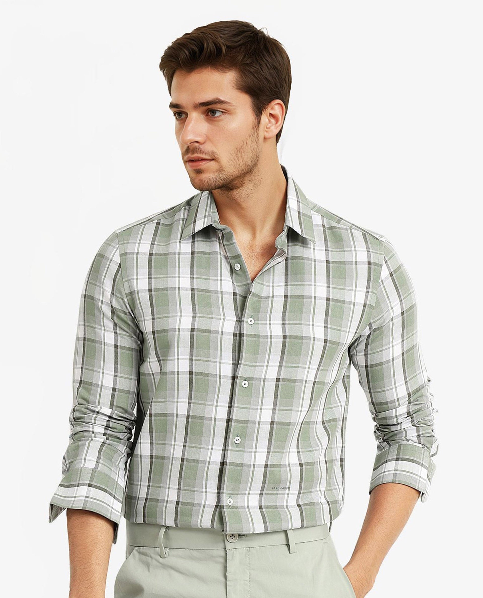 Rare Rabbit Men Greg Green Cotton Polyester Fabric Full Sleeve Collared Neck Regular Fit Check Print Shirt