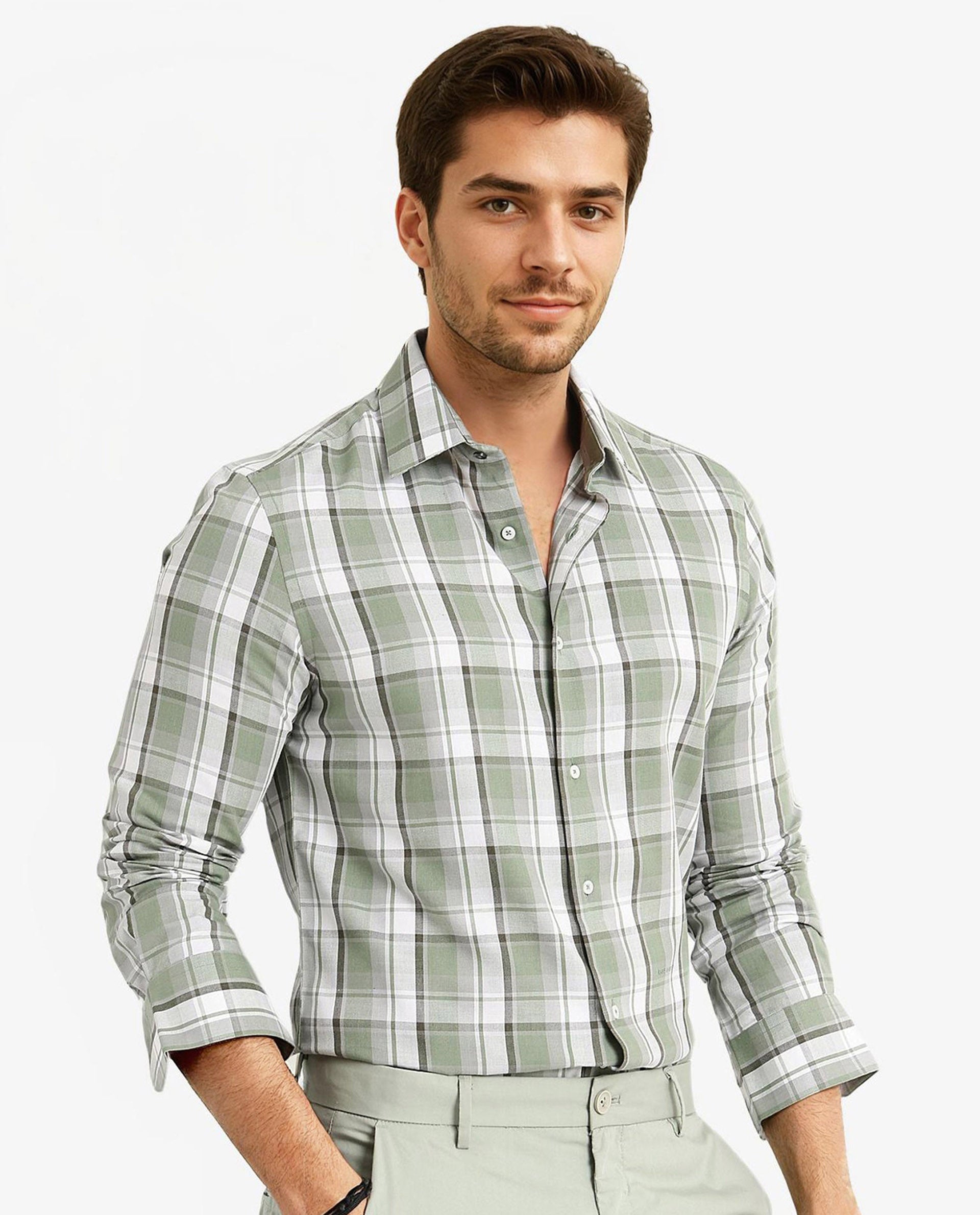 Rare Rabbit Men Greg Green Cotton Polyester Fabric Full Sleeve Collared Neck Regular Fit Check Print Shirt