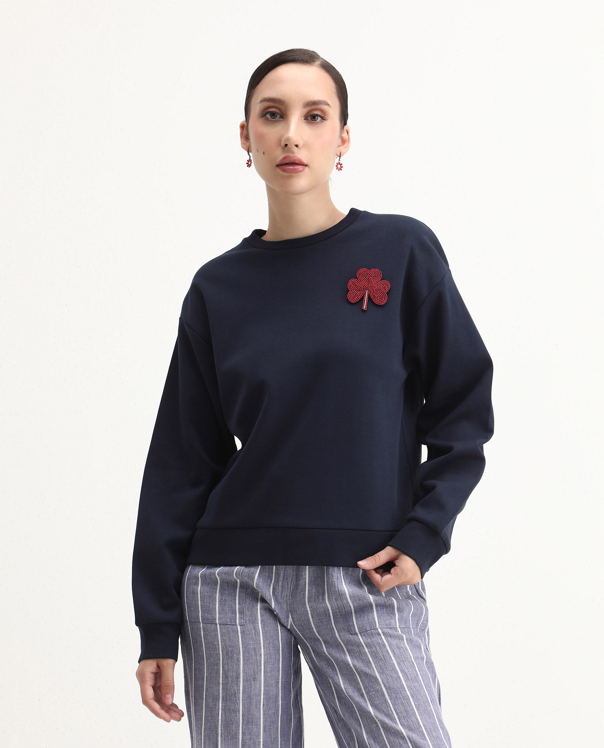 Rareism Women's Greta Navy Cotton Blend Crew Neck Regular Fit Printed Sweatshirt