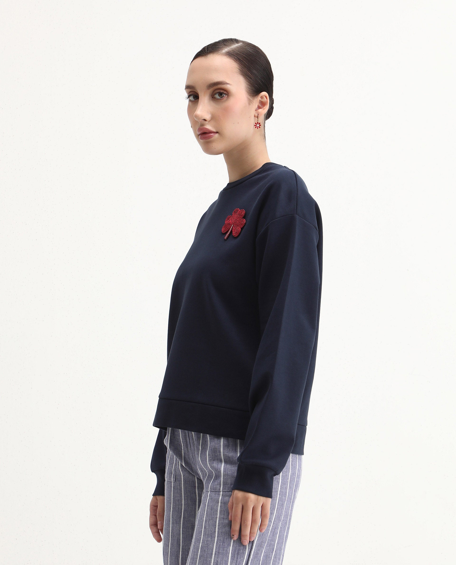 Rareism Women's Greta Navy Cotton Blend Crew Neck Regular Fit Printed Sweatshirt