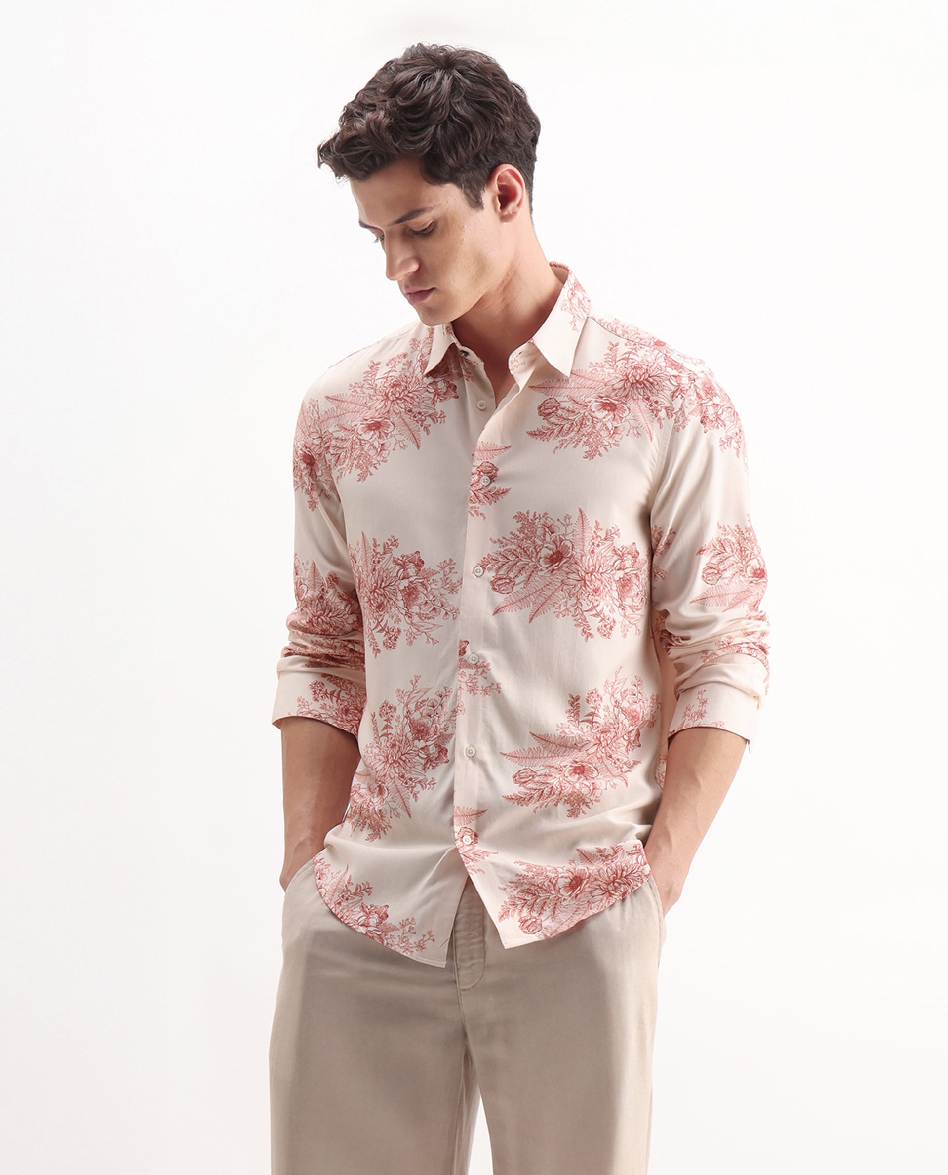 Rare Rabbit Men's Grim Peach Viscose Floral Print Regular Fit Full Sleeve Collared Shirt