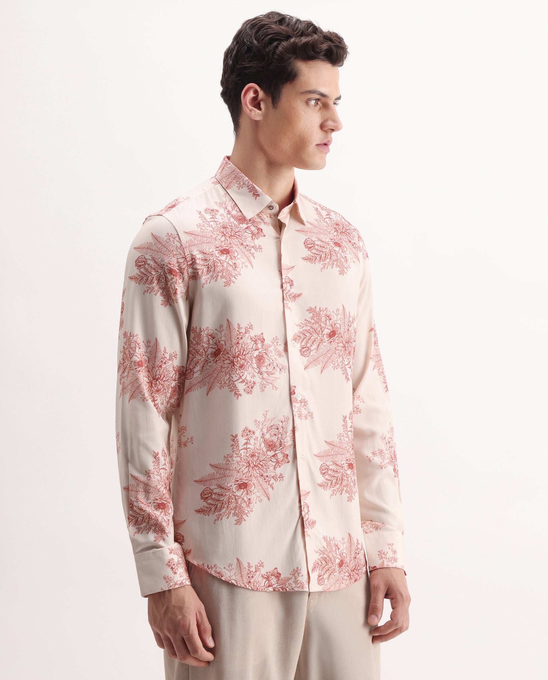 Rare Rabbit Men's Grim Peach Viscose Floral Print Regular Fit Full Sleeve Collared Shirt