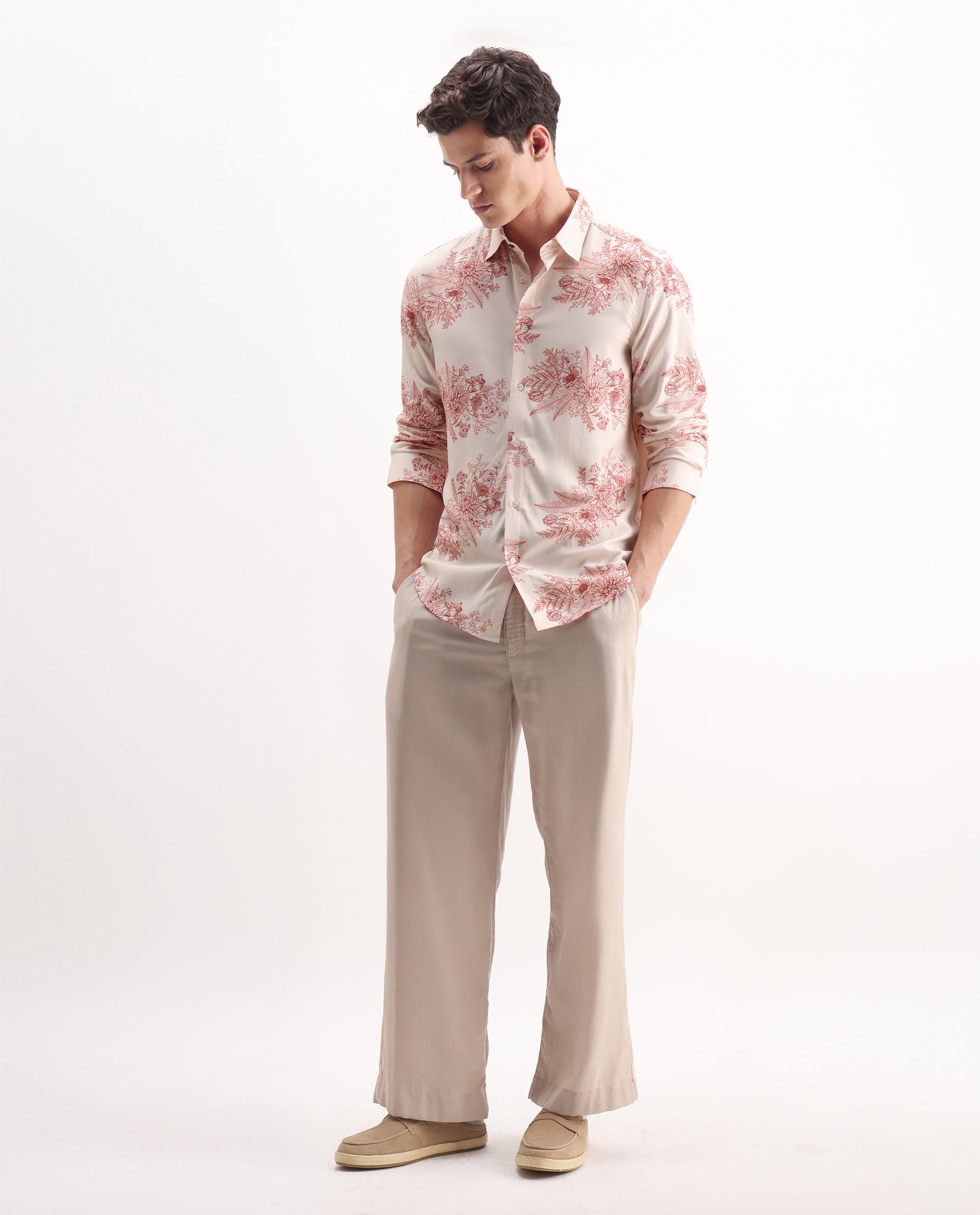 Rare Rabbit Men's Grim Peach Viscose Floral Print Regular Fit Full Sleeve Collared Shirt