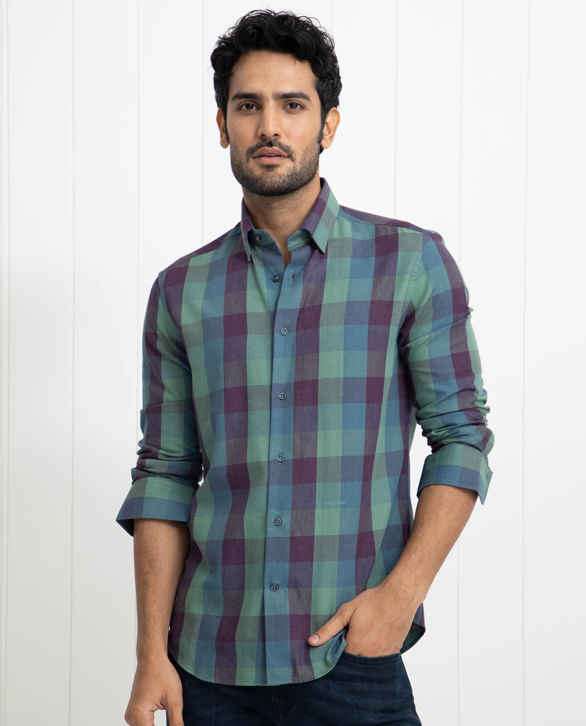 Rare Rabbit Men's Gulf Green Cotton Polyester Fabric Full Sleeves Checks Shirt