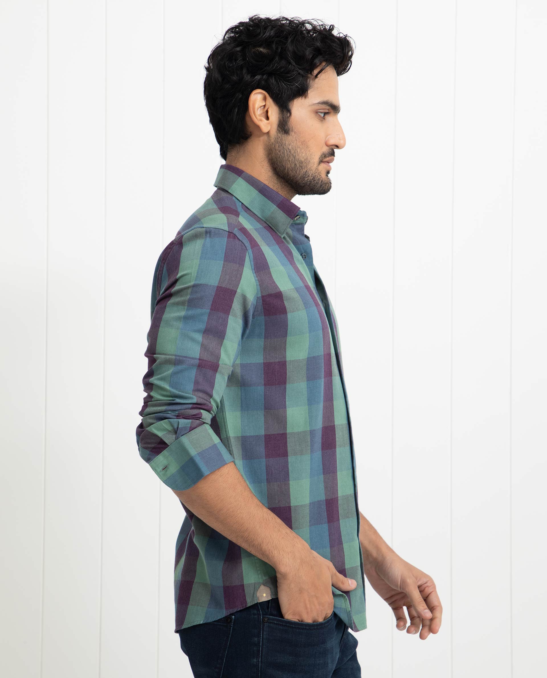 Rare Rabbit Men's Gulf Green Cotton Polyester Fabric Full Sleeves Checks Shirt