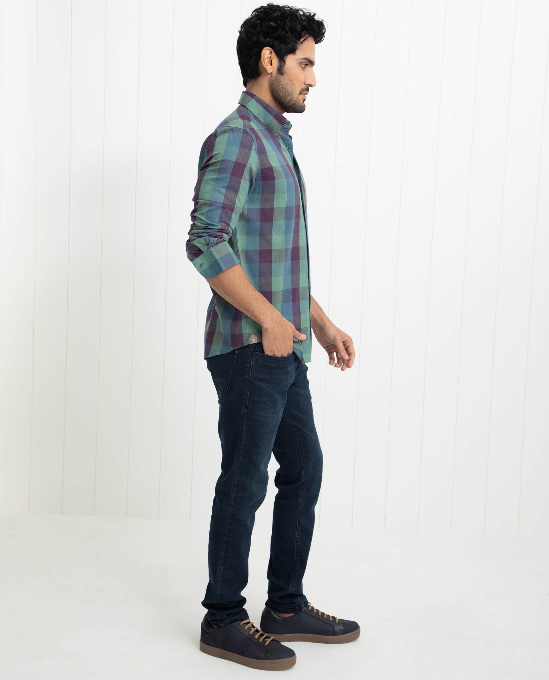 Rare Rabbit Men's Gulf Green Cotton Polyester Fabric Full Sleeves Checks Shirt