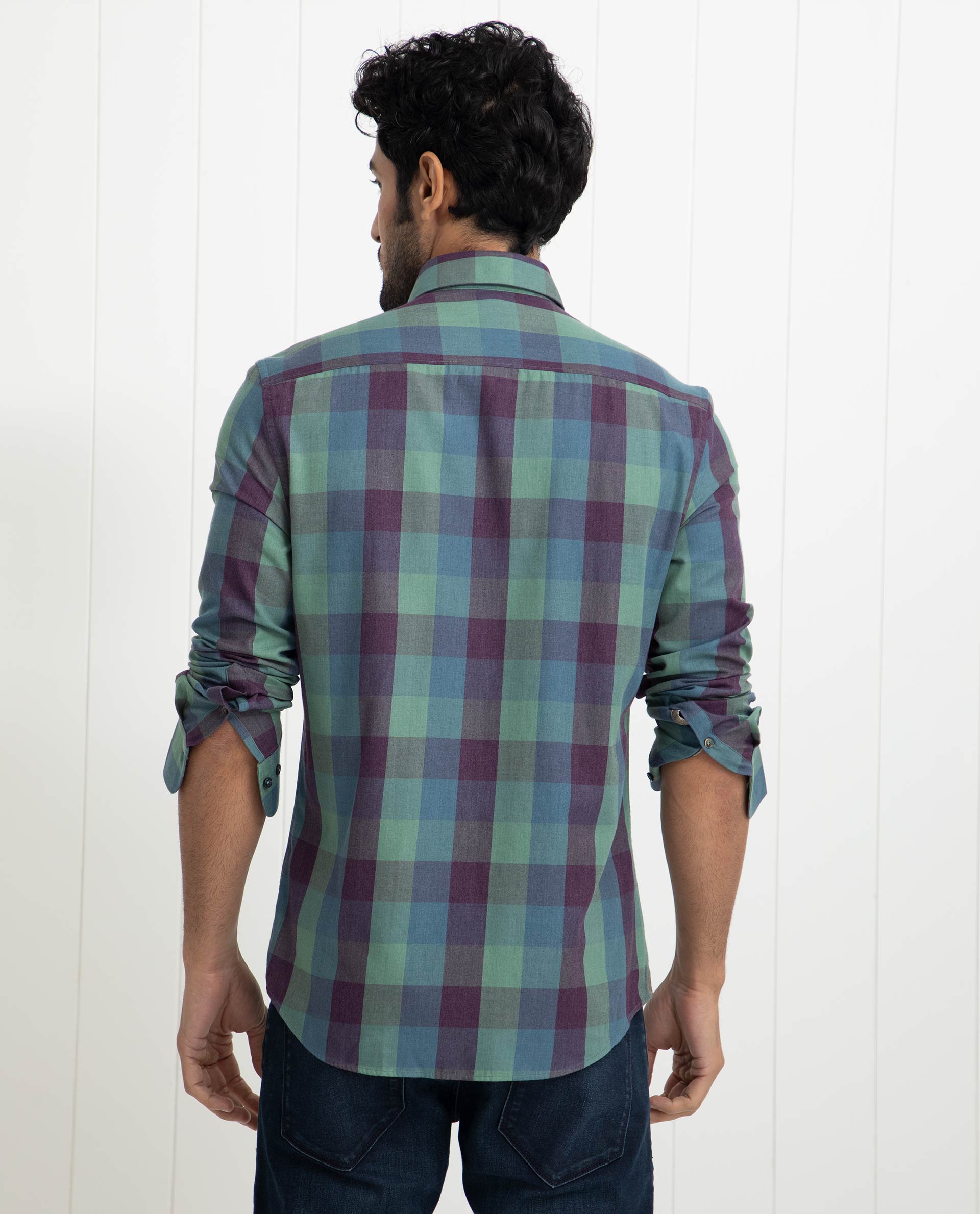 Rare Rabbit Men's Gulf Green Cotton Polyester Fabric Full Sleeves Checks Shirt