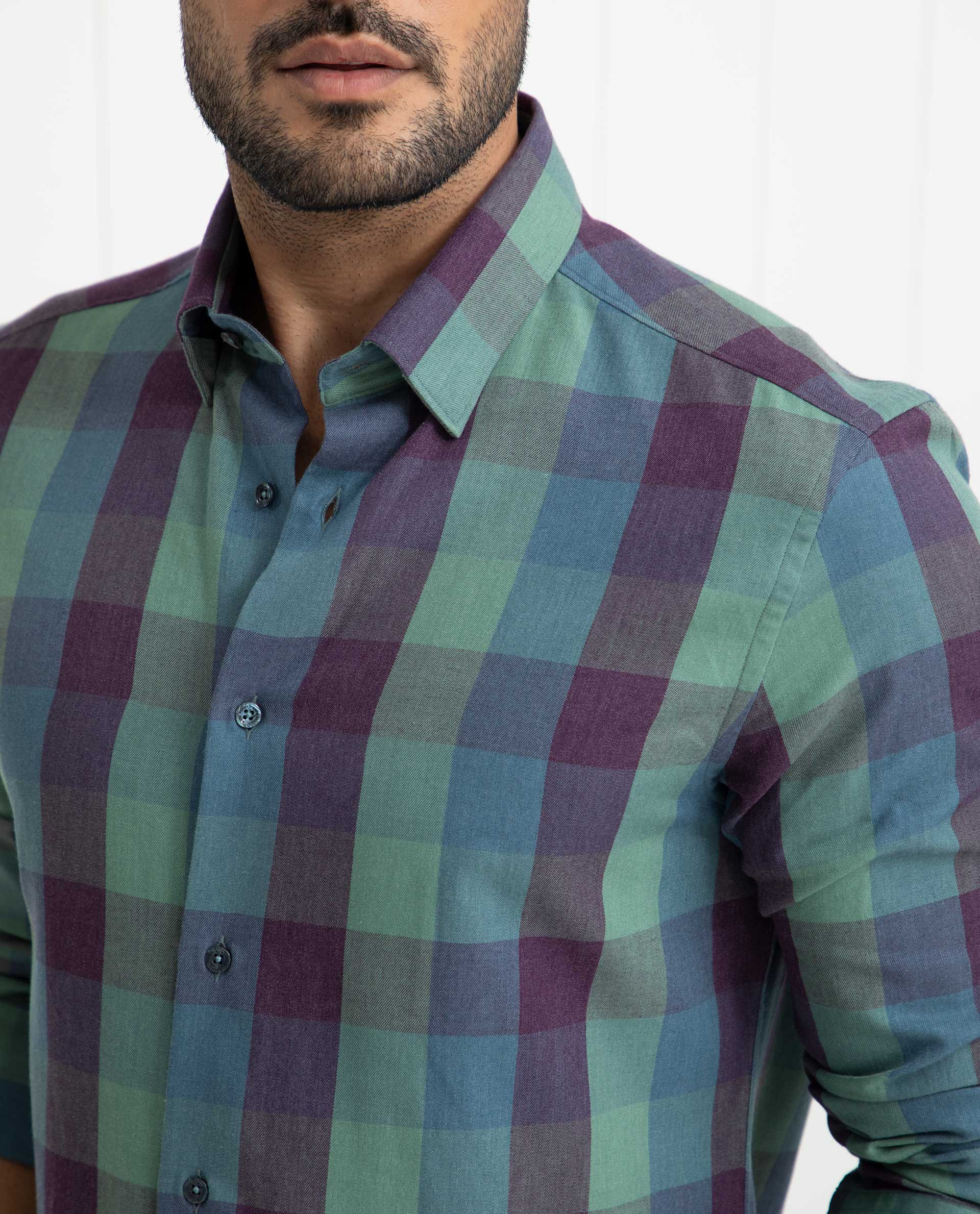 Rare Rabbit Men's Gulf Green Cotton Polyester Fabric Full Sleeves Checks Shirt