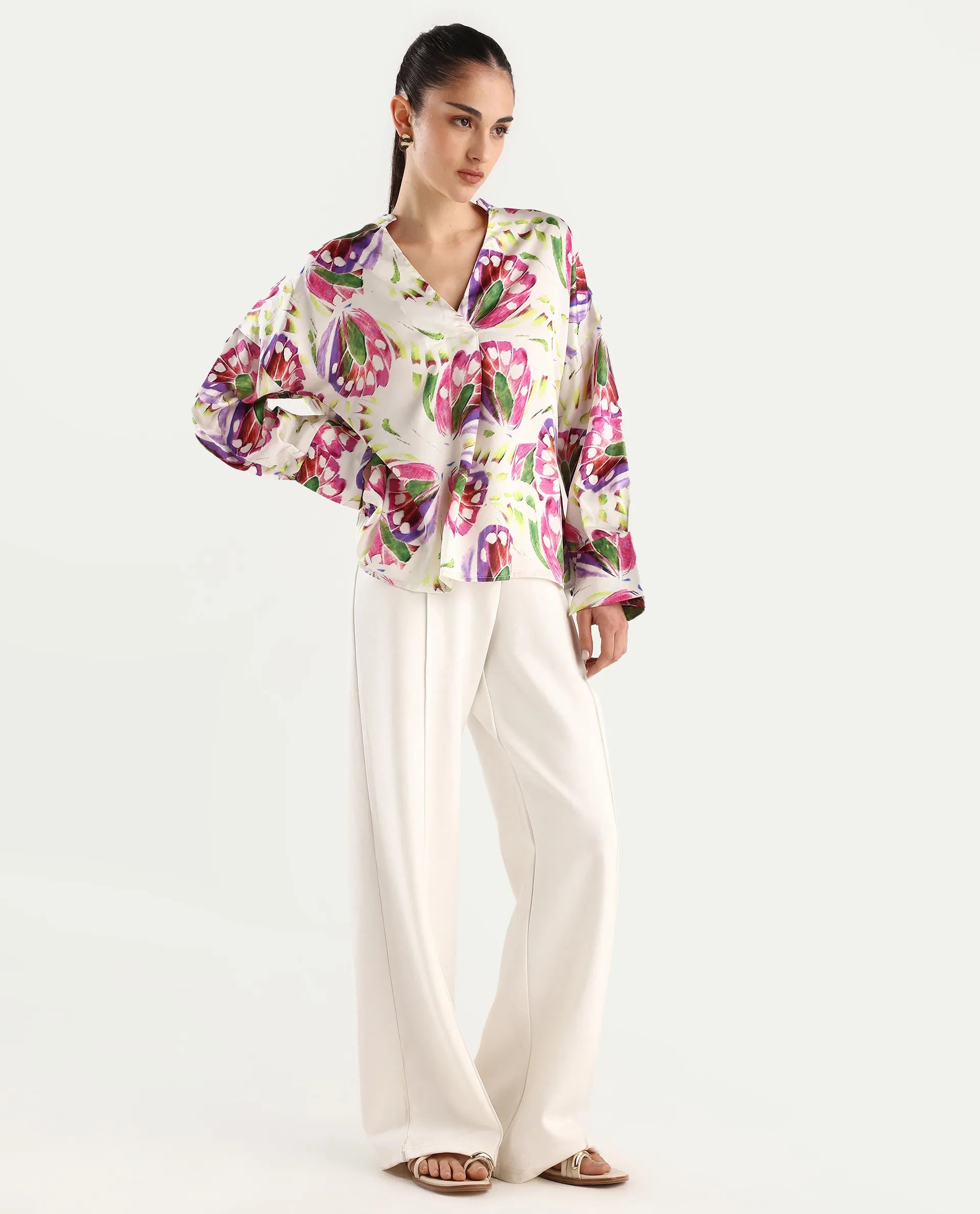 Rareism Women's Gunay Multi Polyester Polyester V-Neck Abstract Print Cuffed Sleeve Regular Fit Top