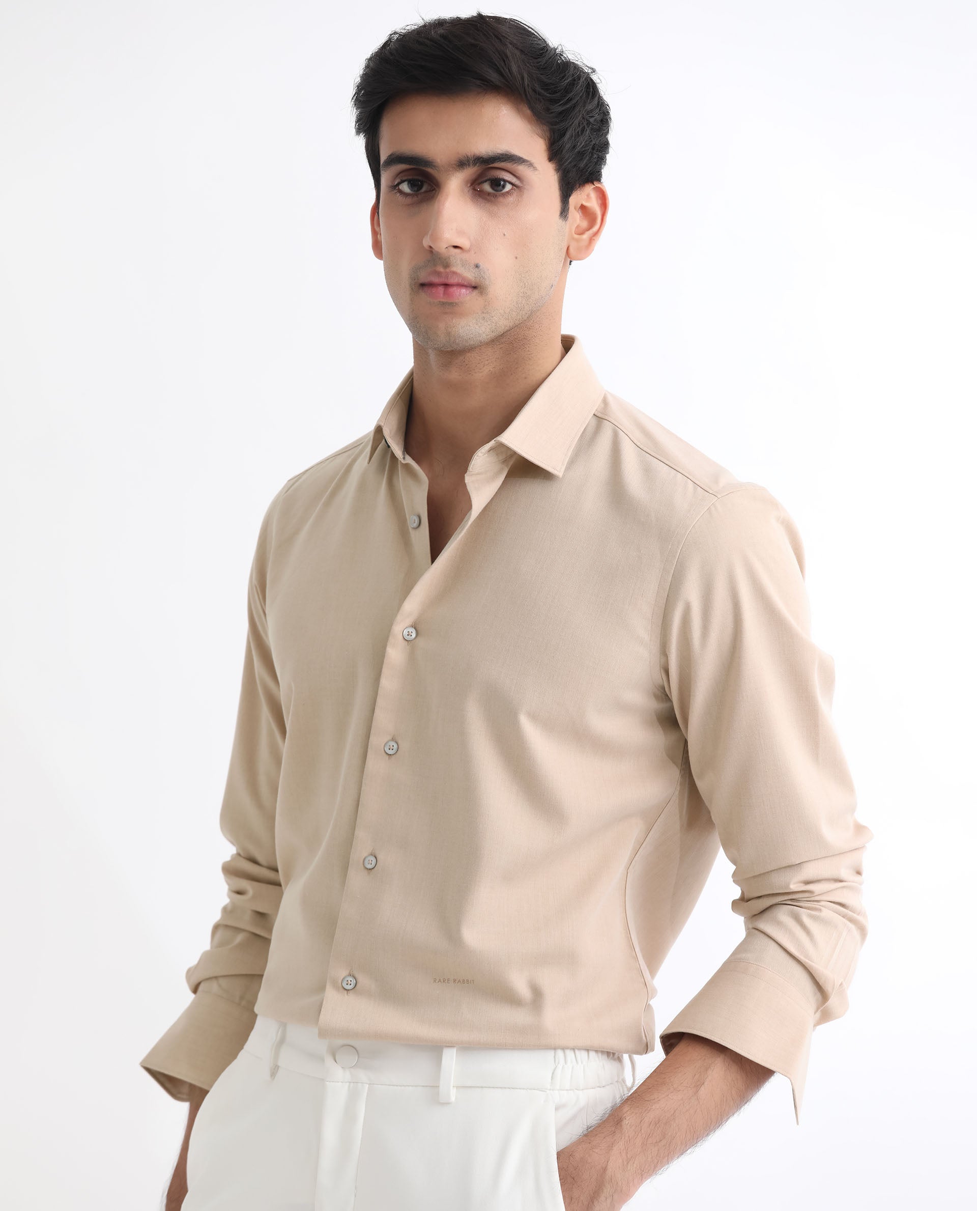 Rare Rabbit Men's Gunjan Beige Full Sleeves Regular Fit Solid Shirt