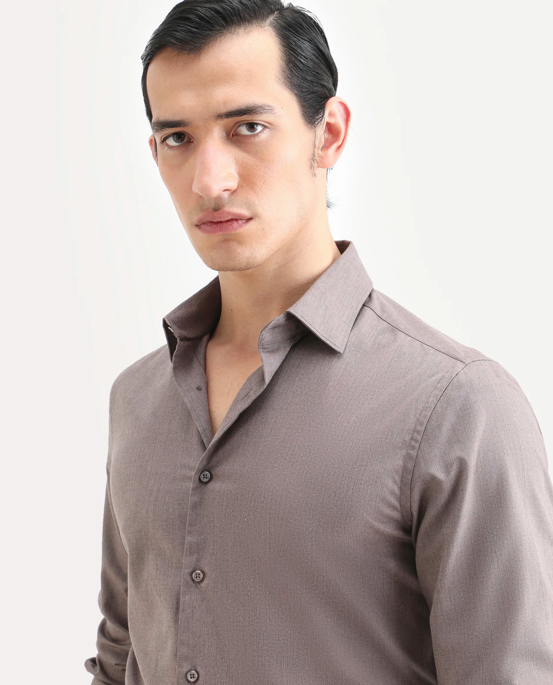 Rare Rabbit Men's Gunjo 25 Dusky Brown Cotton Blend Plain Regular Fit Full Sleeve Collared Shirt