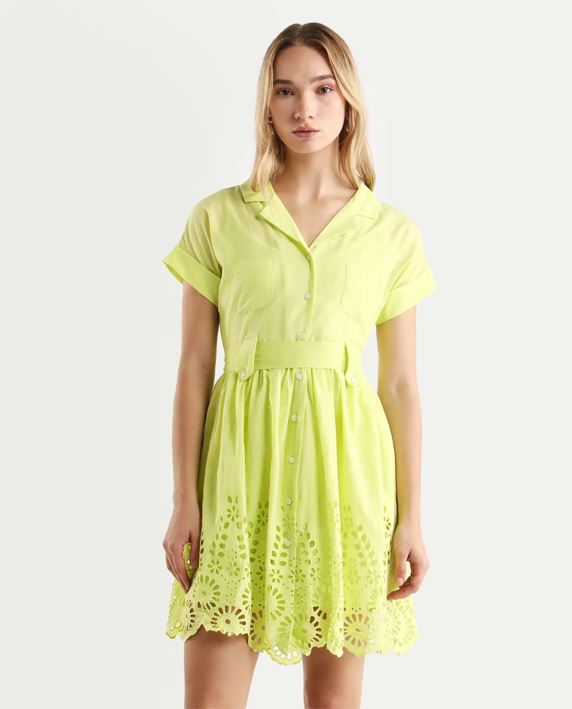 Rareism Women's Gunthaar Light Green Cotton Lapel Neck Schiffli Extended Sleeves Mini Flared Dress