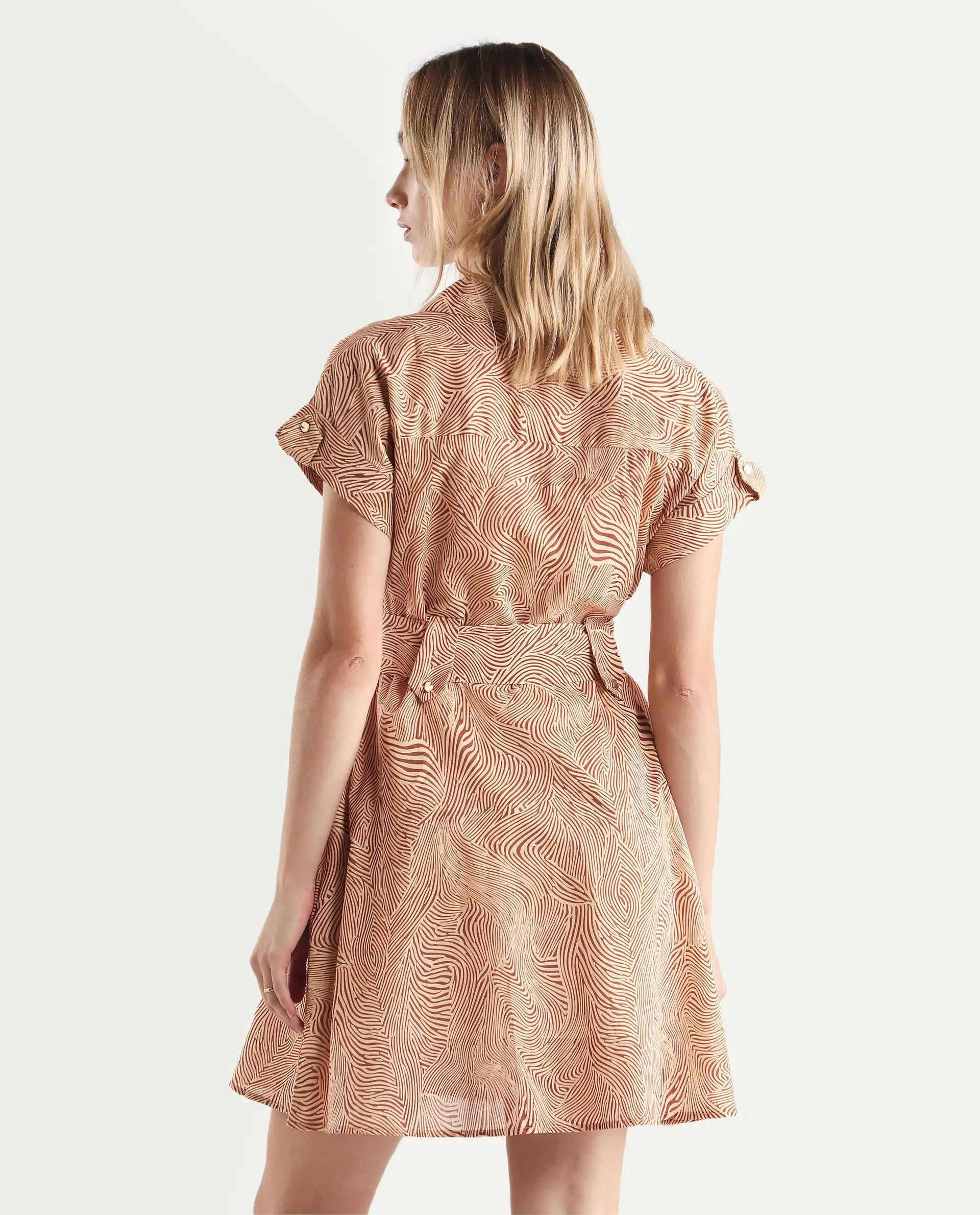 Rareism Women's Gunther Light Beige Cotton Lapel Neck Geometric Print Extended Sleeves Mini A-Line Dress