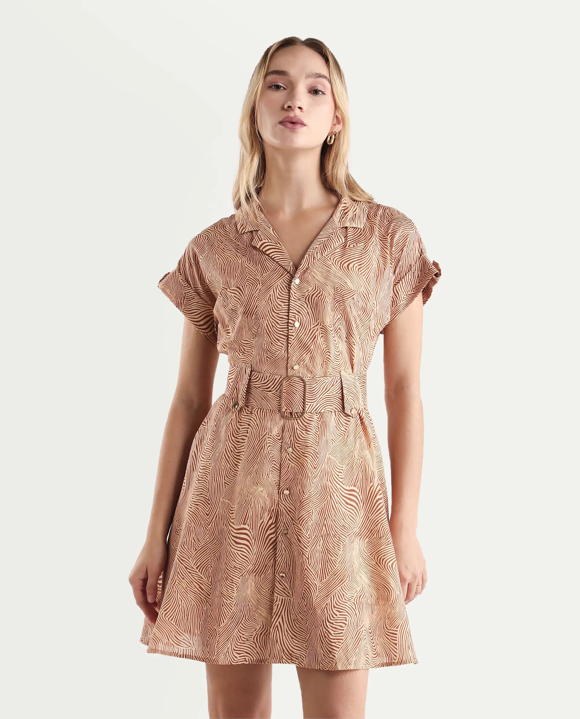 Rareism Women's Gunther Light Beige Cotton Lapel Neck Geometric Print Extended Sleeves Mini A-Line Dress