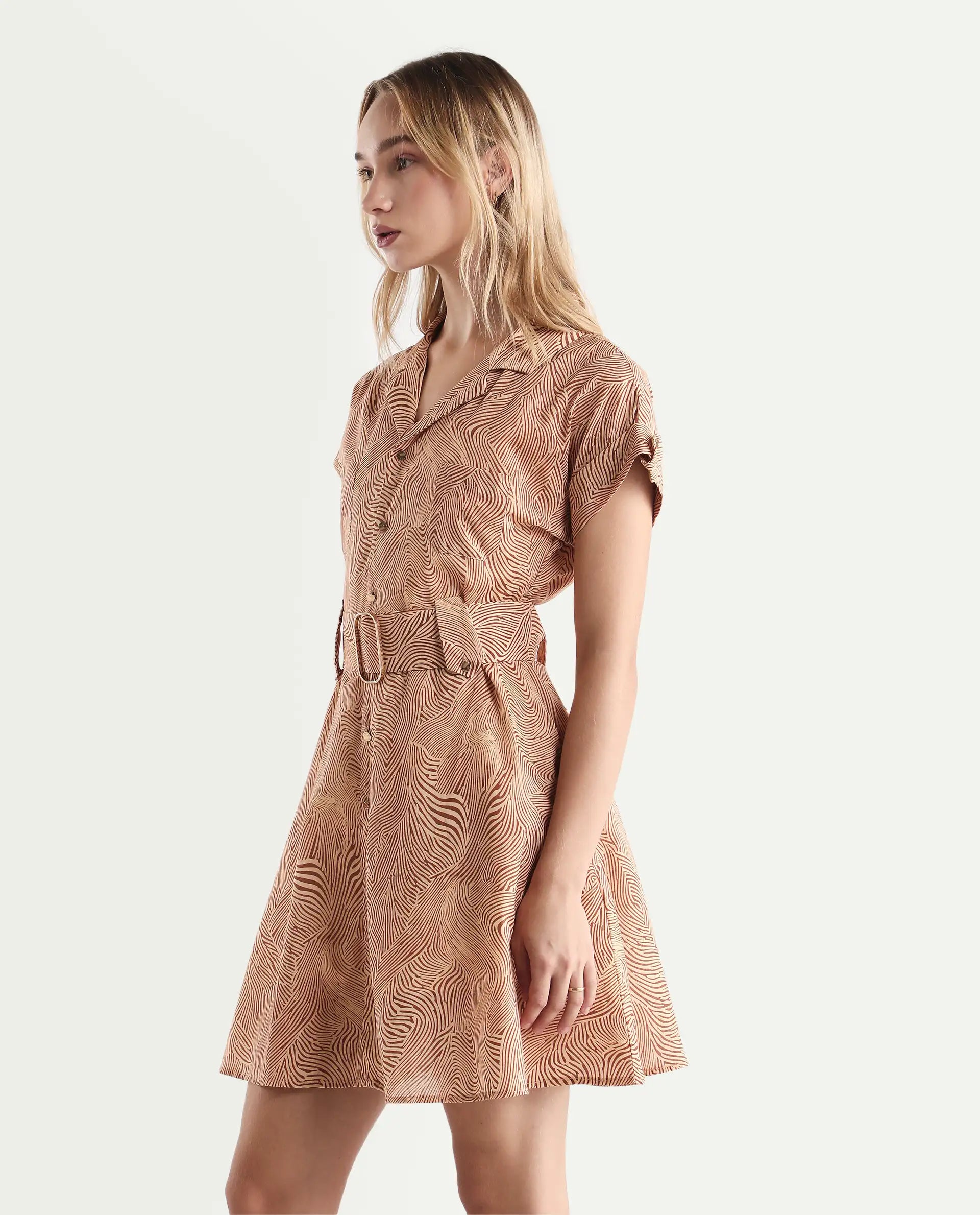 Rareism Women's Gunther Light Beige Cotton Lapel Neck Geometric Print Extended Sleeves Mini A-Line Dress