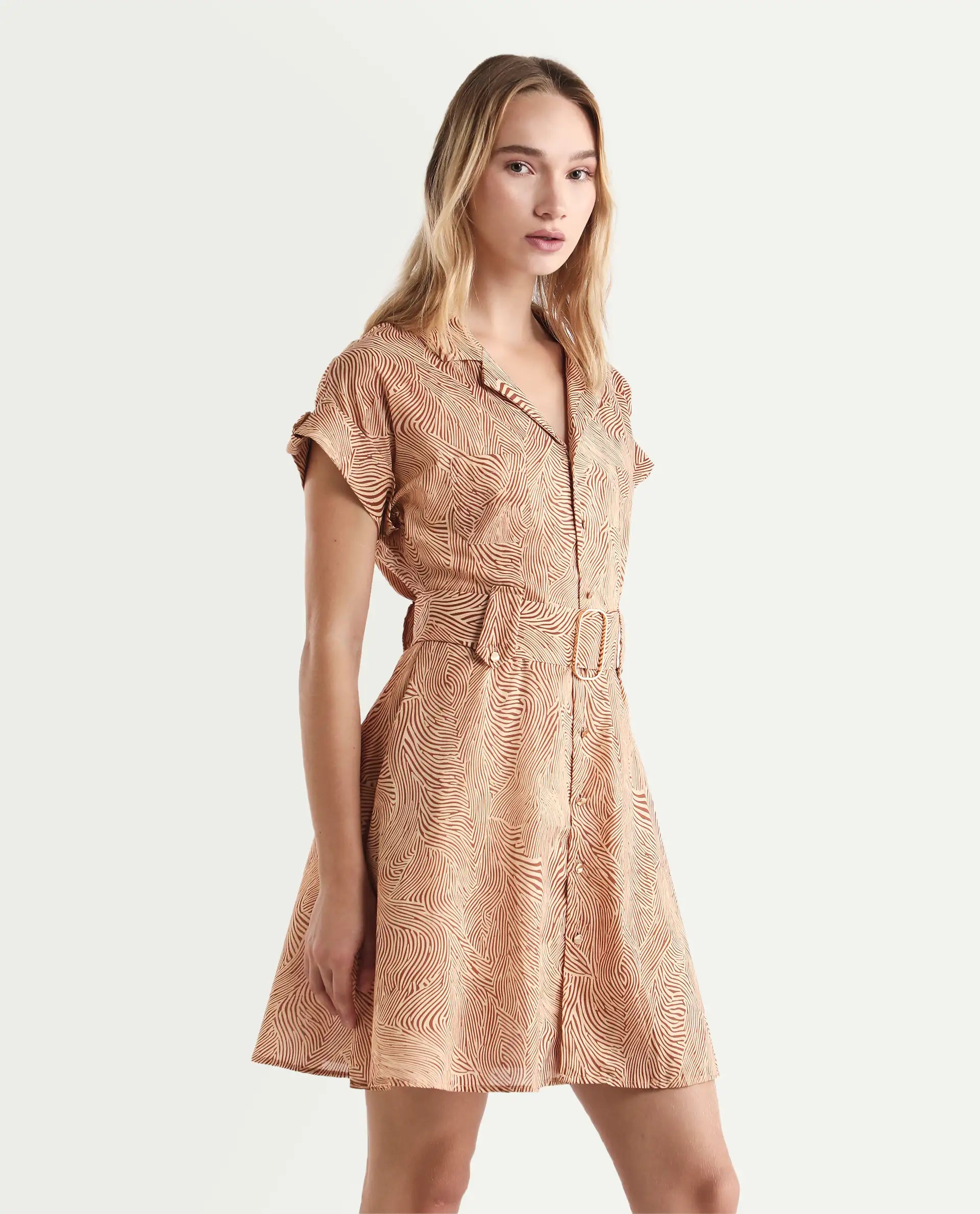 Rareism Women's Gunther Light Beige Cotton Lapel Neck Geometric Print Extended Sleeves Mini A-Line Dress