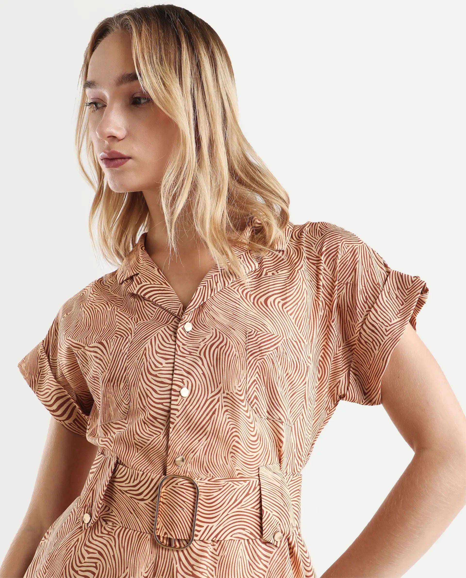 Rareism Women's Gunther Light Beige Cotton Lapel Neck Geometric Print Extended Sleeves Mini A-Line Dress