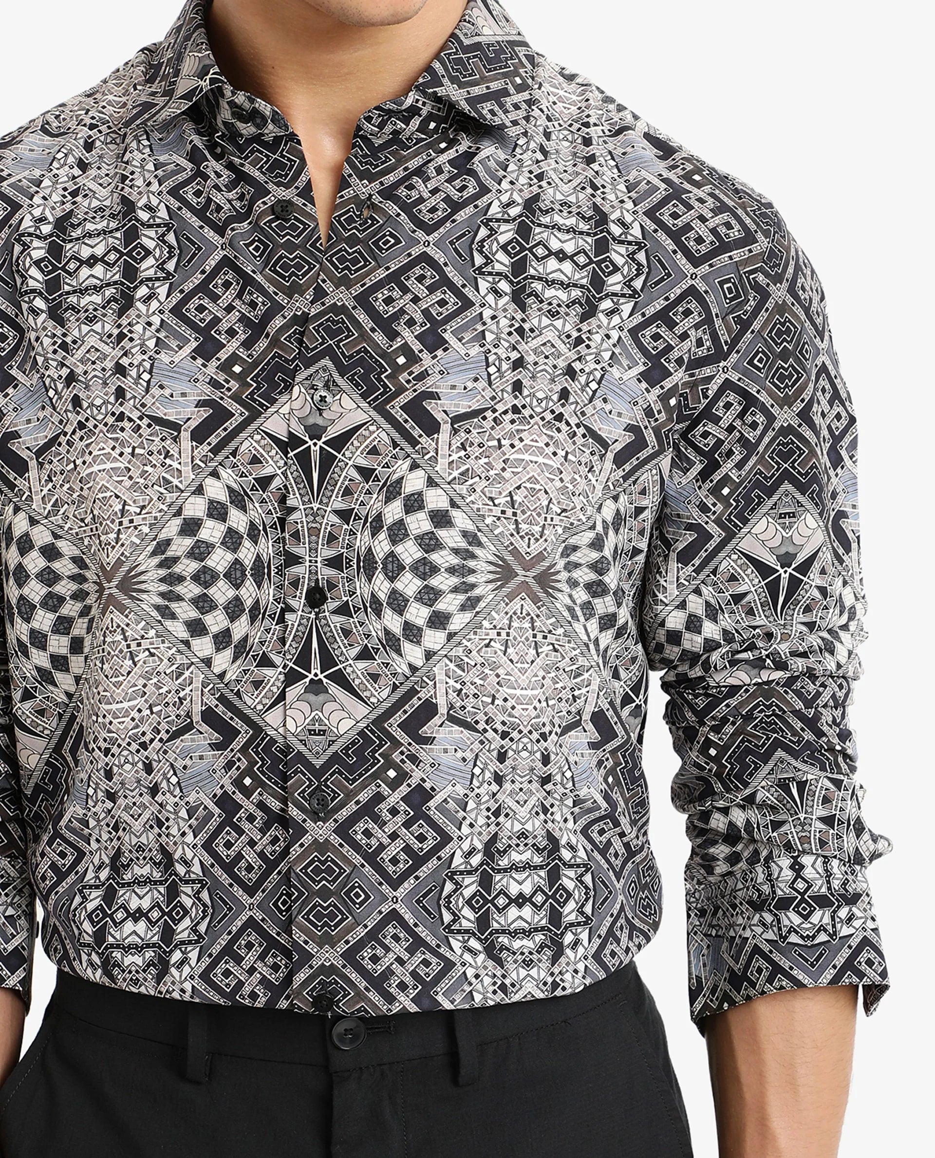 Rare Rabbit Men Guret Black Viscose Fabric Full Sleeve Regular Fit Art Decorative Print Shirt