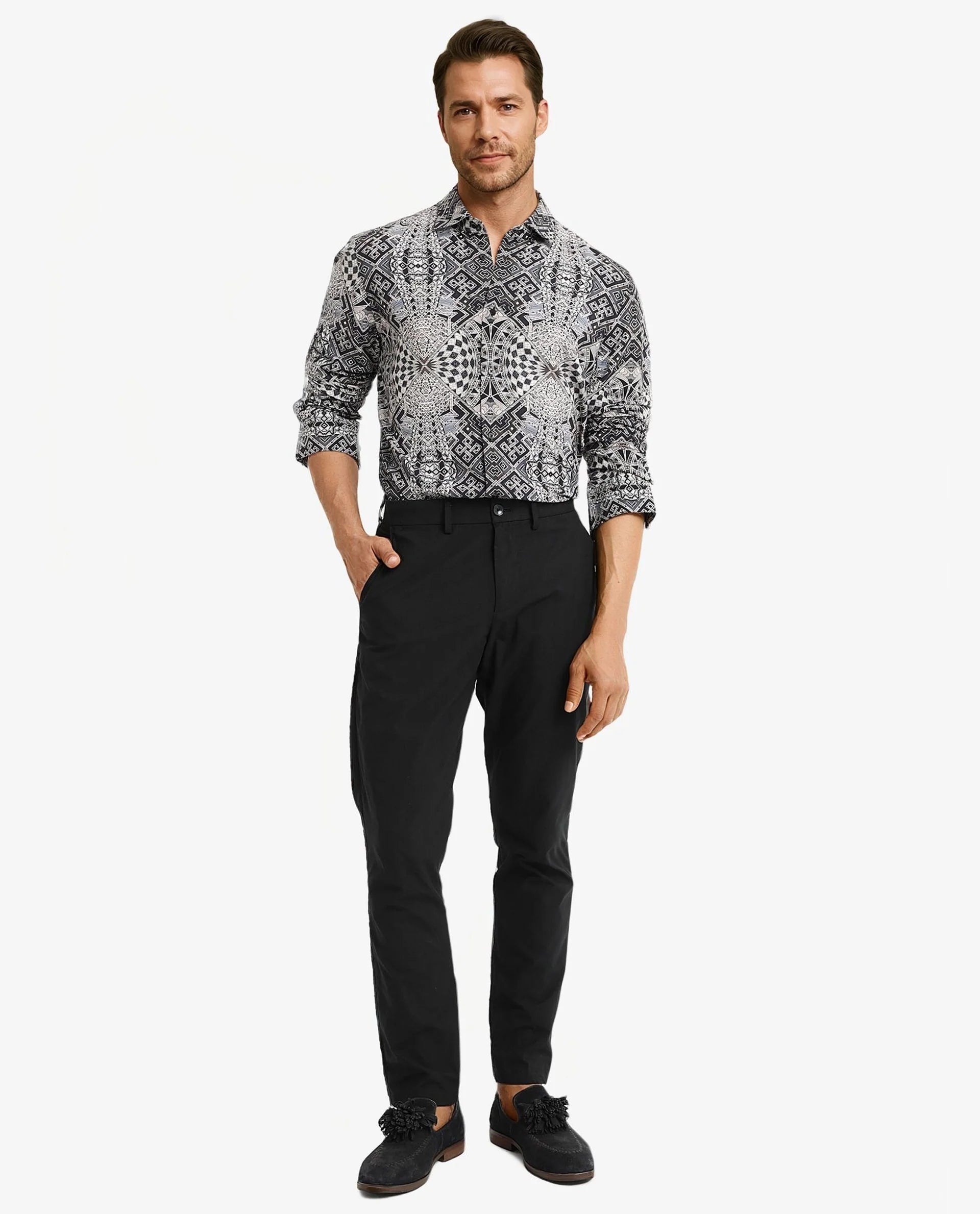 Rare Rabbit Men Guret Black Viscose Fabric Full Sleeve Regular Fit Art Decorative Print Shirt