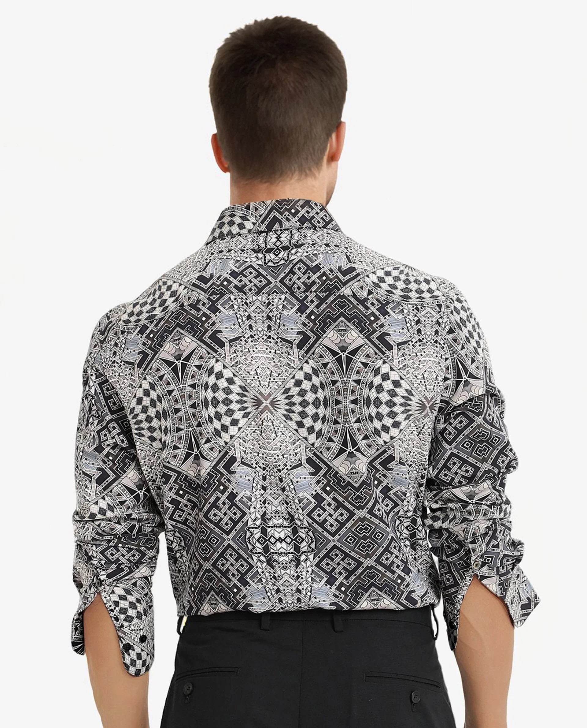 Rare Rabbit Men Guret Black Viscose Fabric Full Sleeve Regular Fit Art Decorative Print Shirt