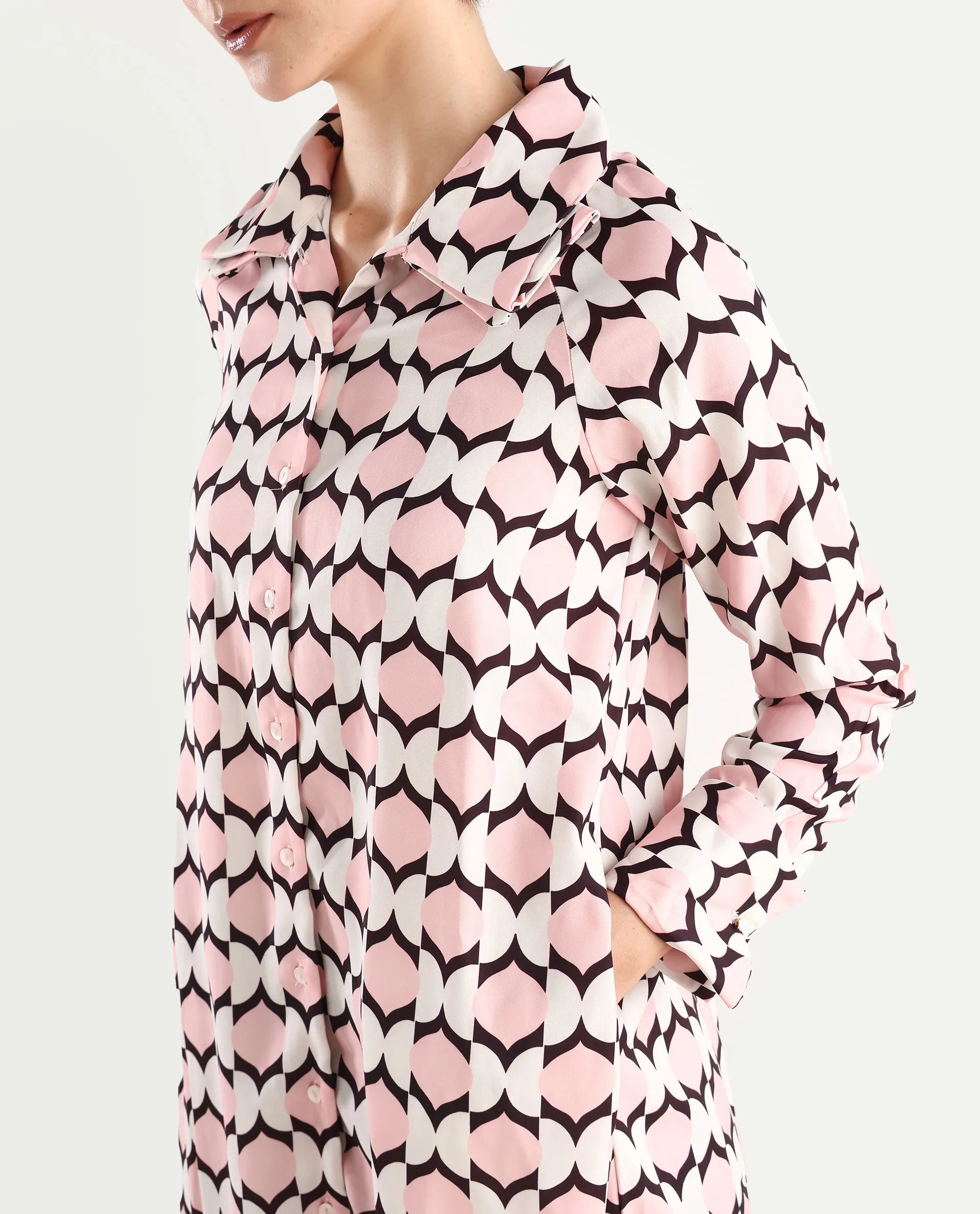 Rareism Women's Gyumri Light Multi Twill Spread Collar Geometric Print Raglan Sleeve Midi A-Line Dress