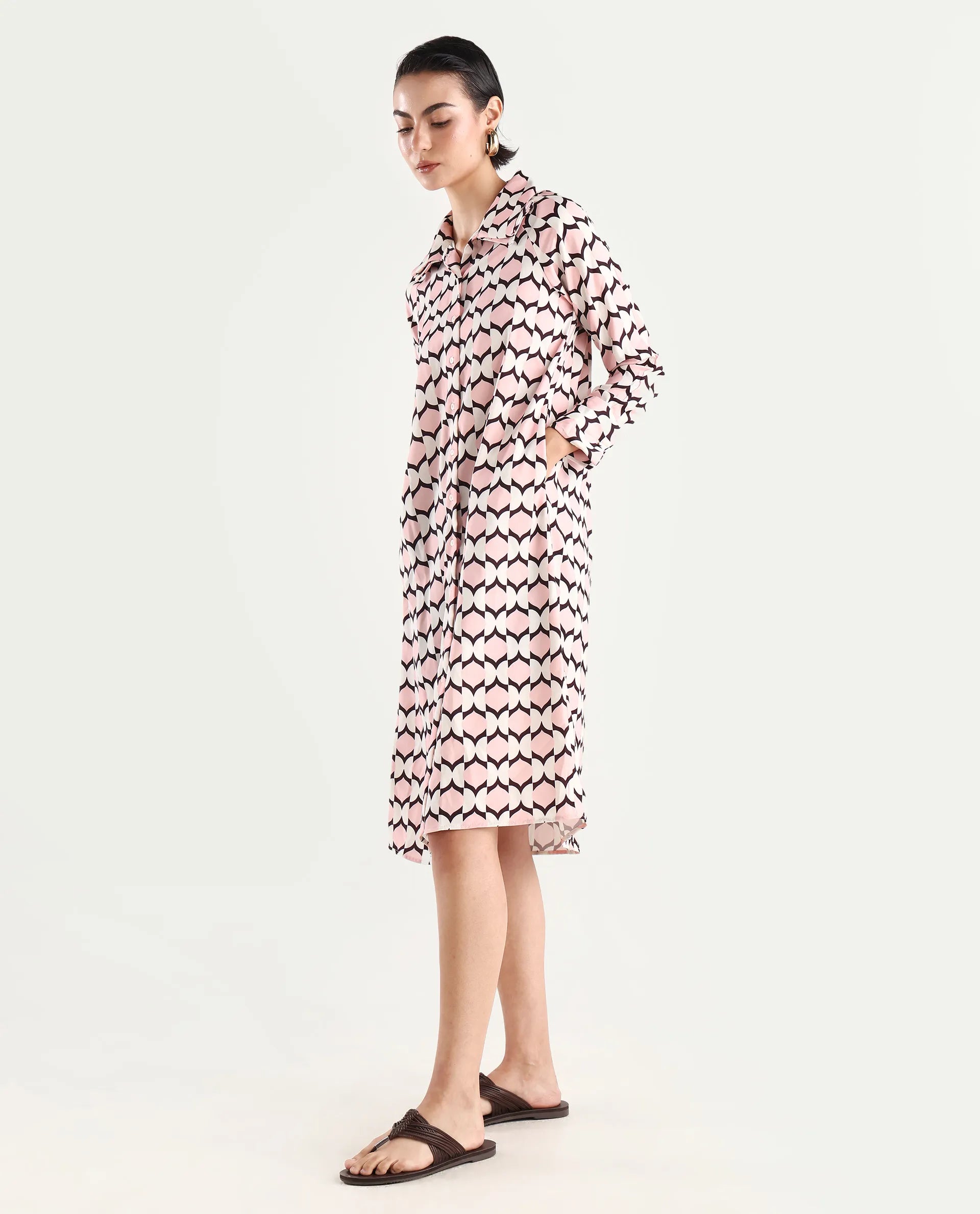 Rareism Women's Gyumri Light Multi Twill Spread Collar Geometric Print Raglan Sleeve Midi A-Line Dress