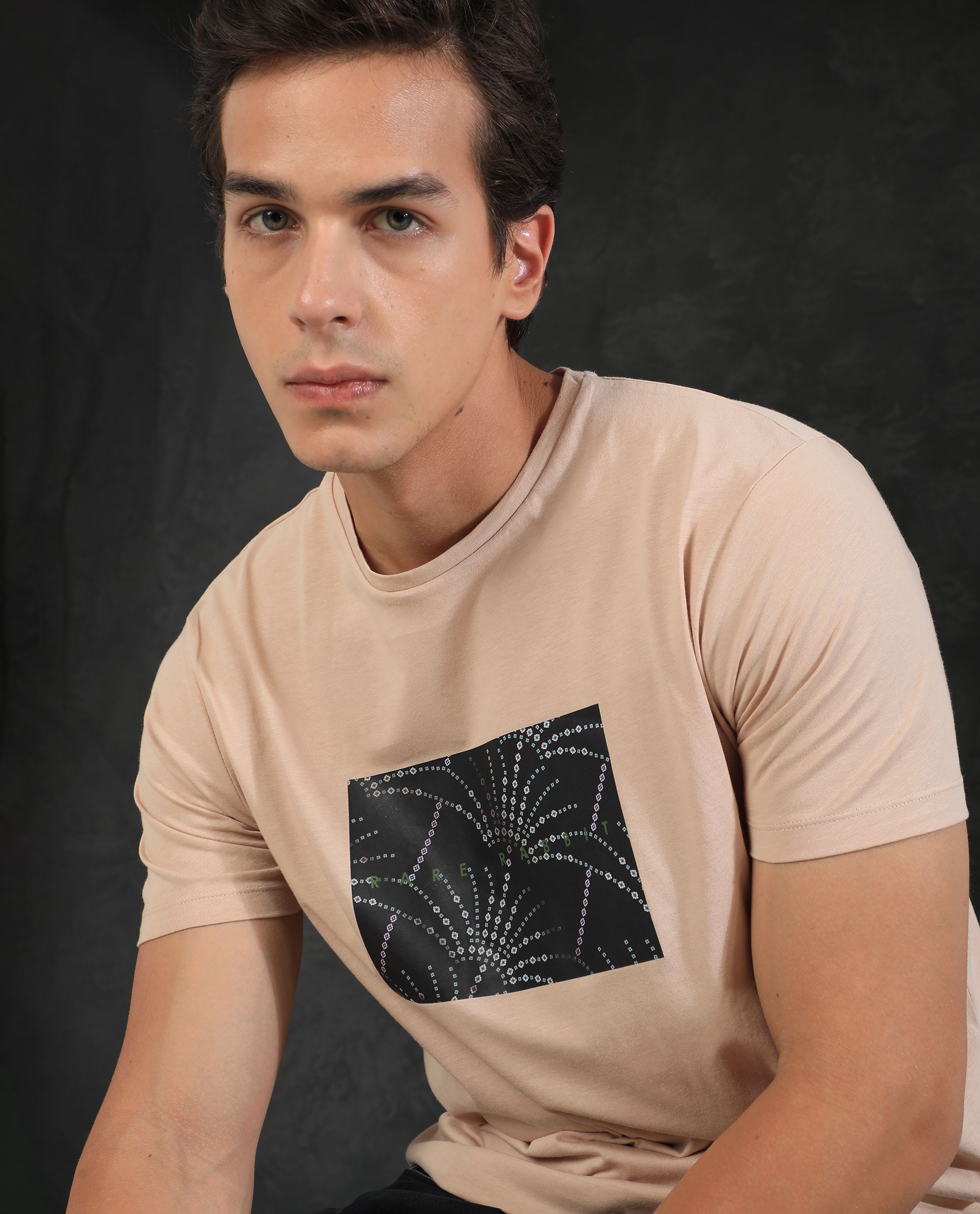 Rare Rabbit Men's Glams Beige Crew Neck Abstract Graphic Logo Printed T-Shirt
