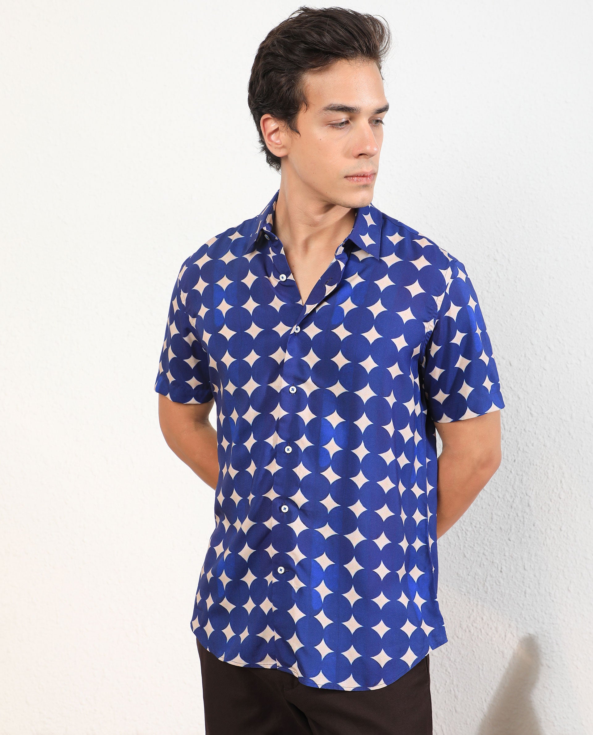 Rare Rabbit Men's Clinton Blue Viscose Fabric Geometric Print Half Sleeves Shirt