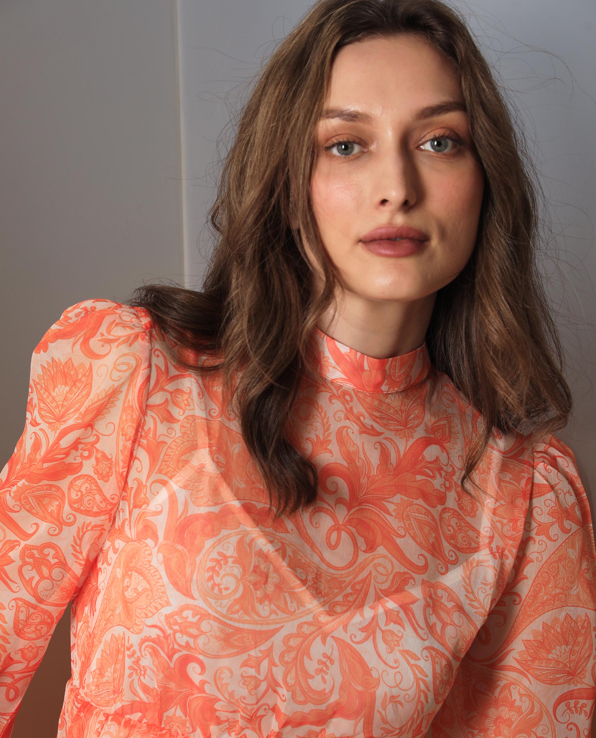 Rareism Women Claris Orange Cotton Fabric Full Sleeves High Neck Regular Fit Paisley Print Knee Length Dress