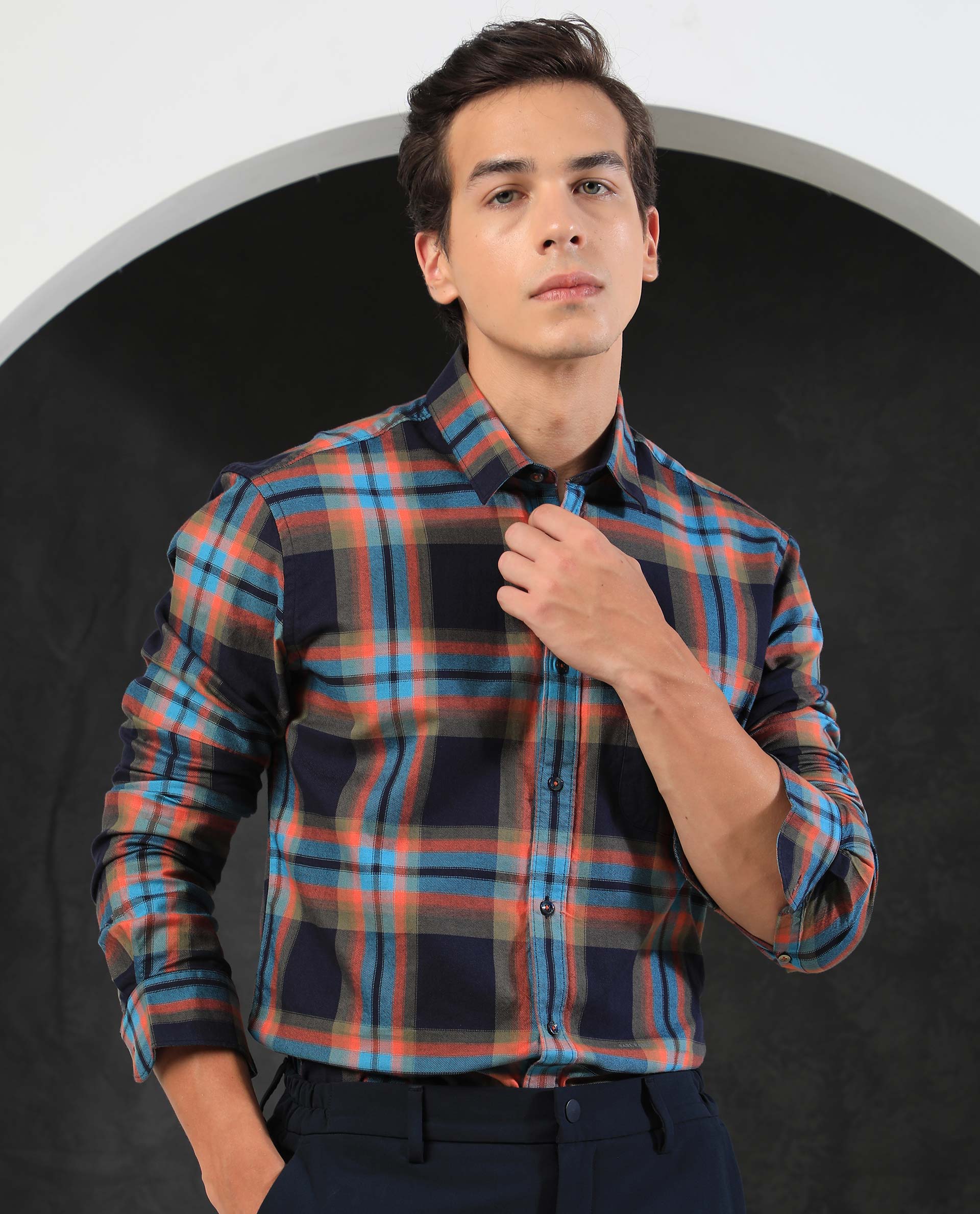 Rare Rabbit Men's Daneils Navy Cotton Fabric Full Sleeves Checks Shirt