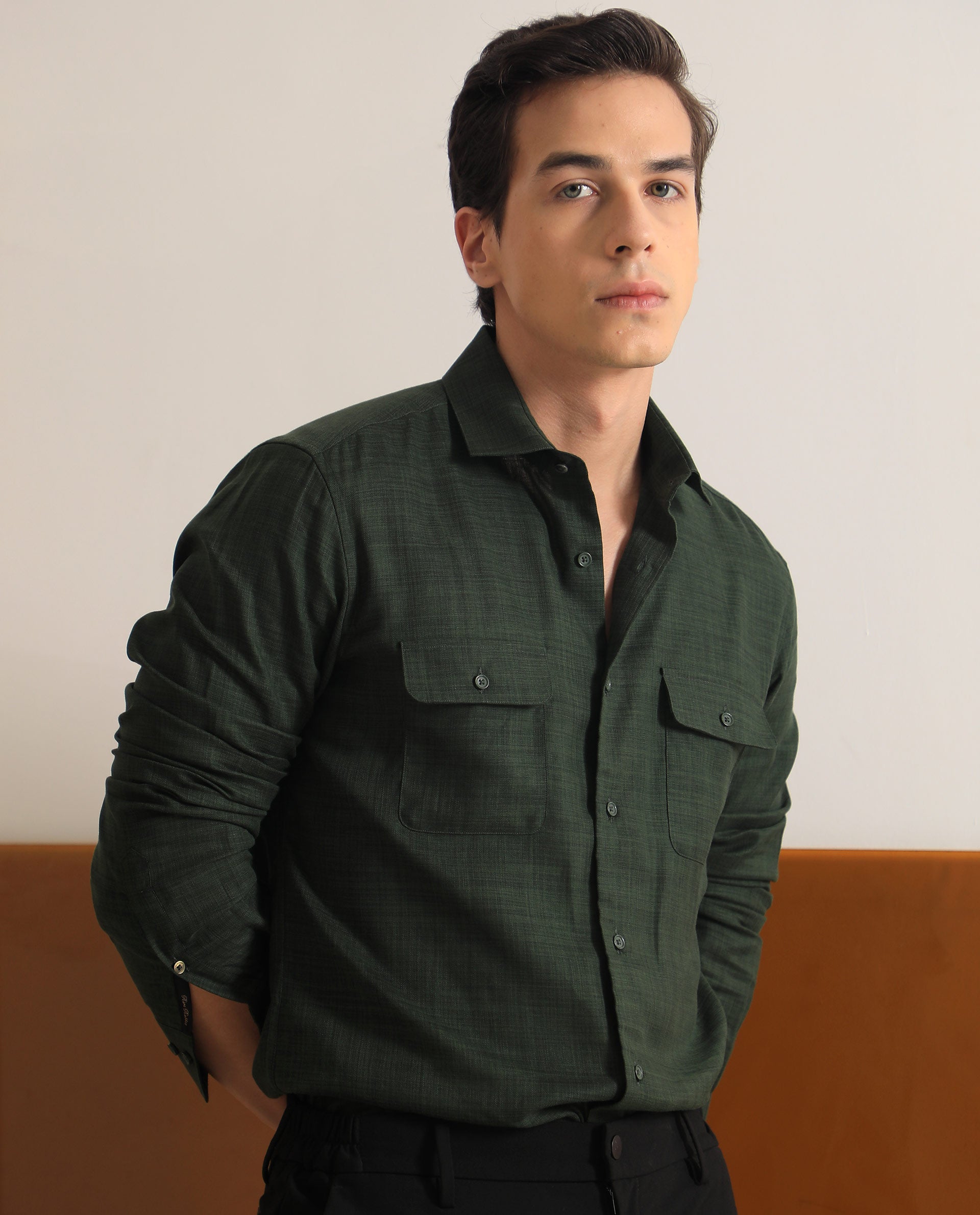 Rare Rabbit Men's Safa Olive Cotton Lyocell Fabric Full Sleeves Solid Shirt