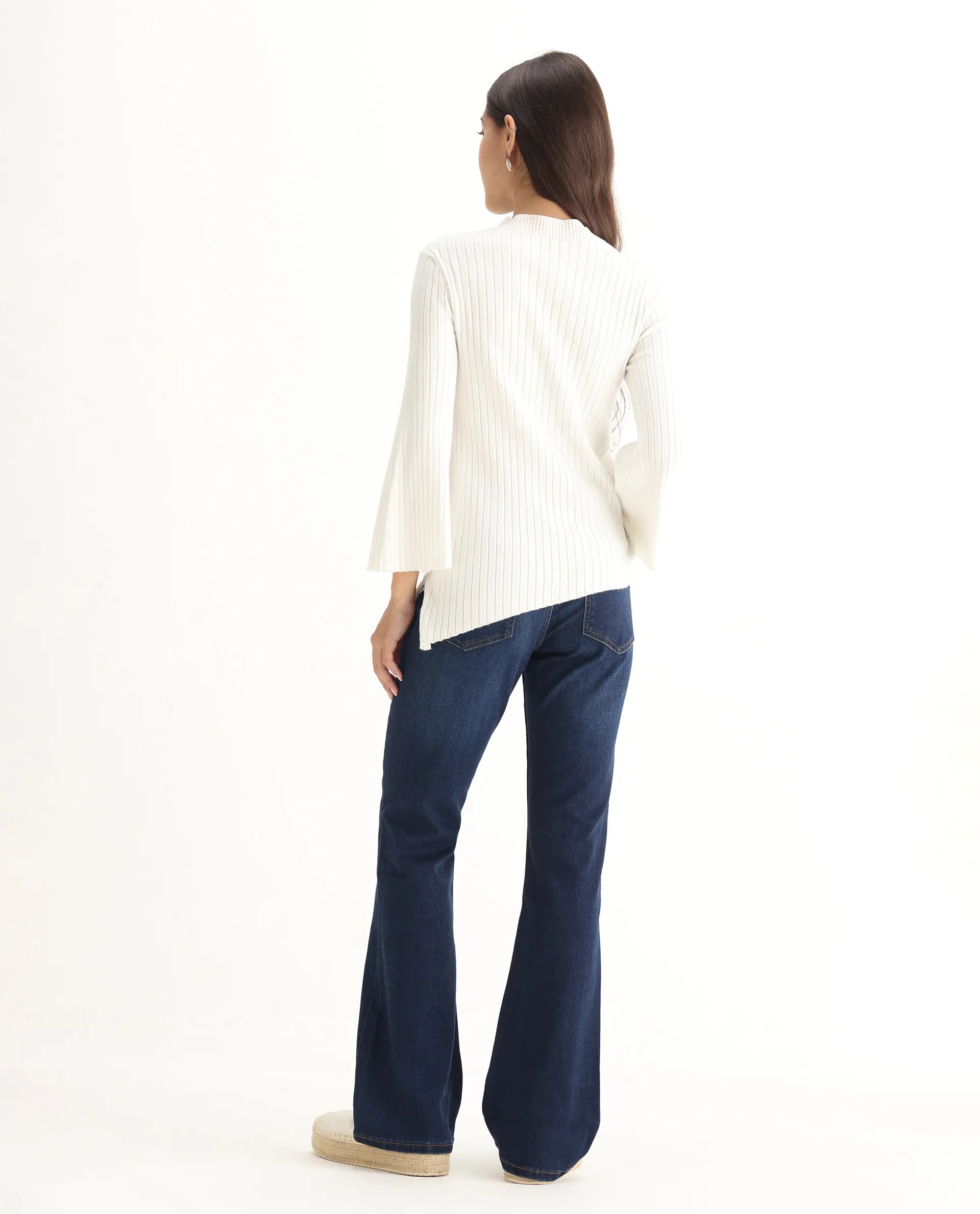 Rareism Women's Hadley Dark Blue Cotton Blend Plain Ankle Length Iconic Bootcut Jeans