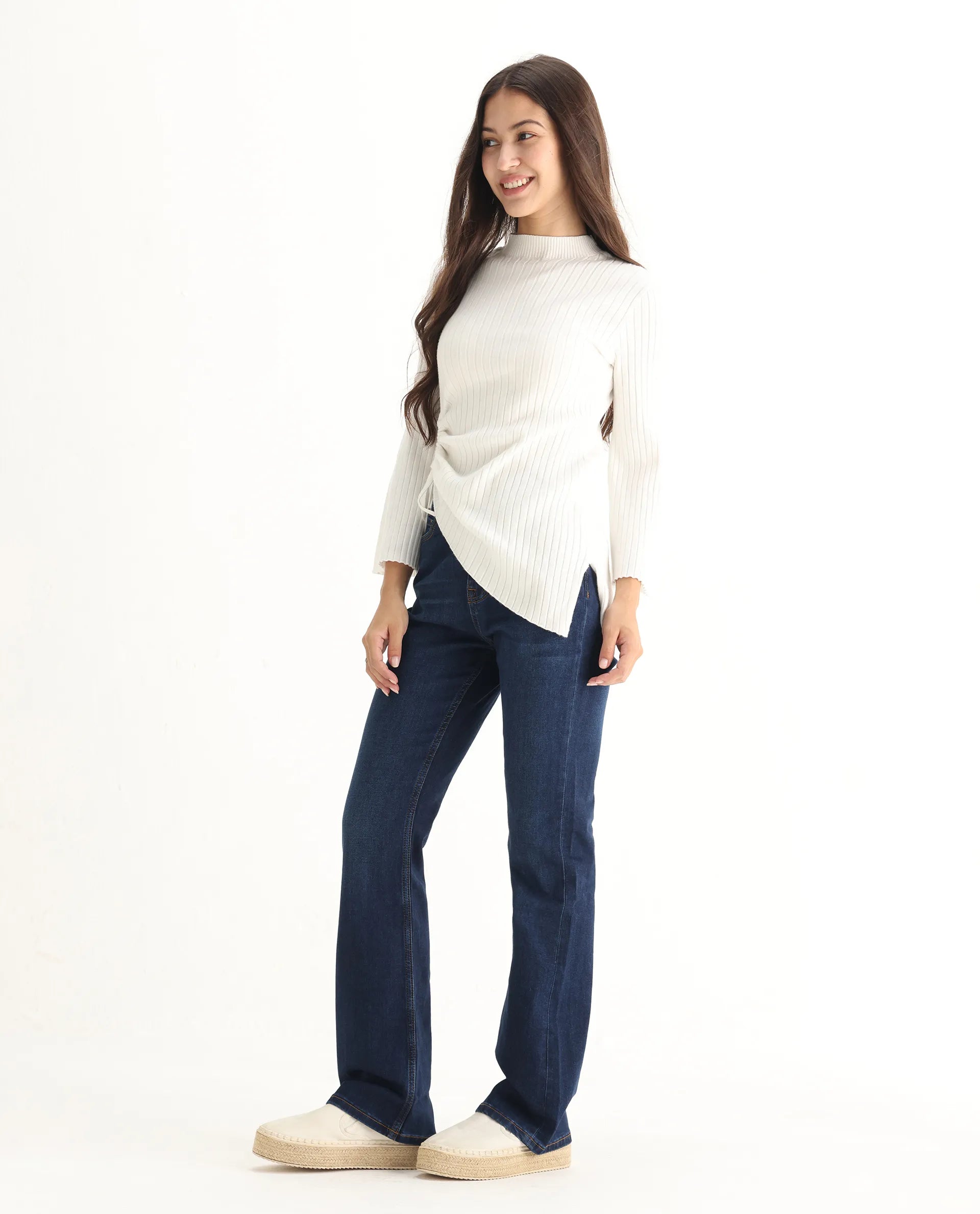 Rareism Women's Hadley Dark Blue Cotton Blend Plain Ankle Length Iconic Bootcut Jeans