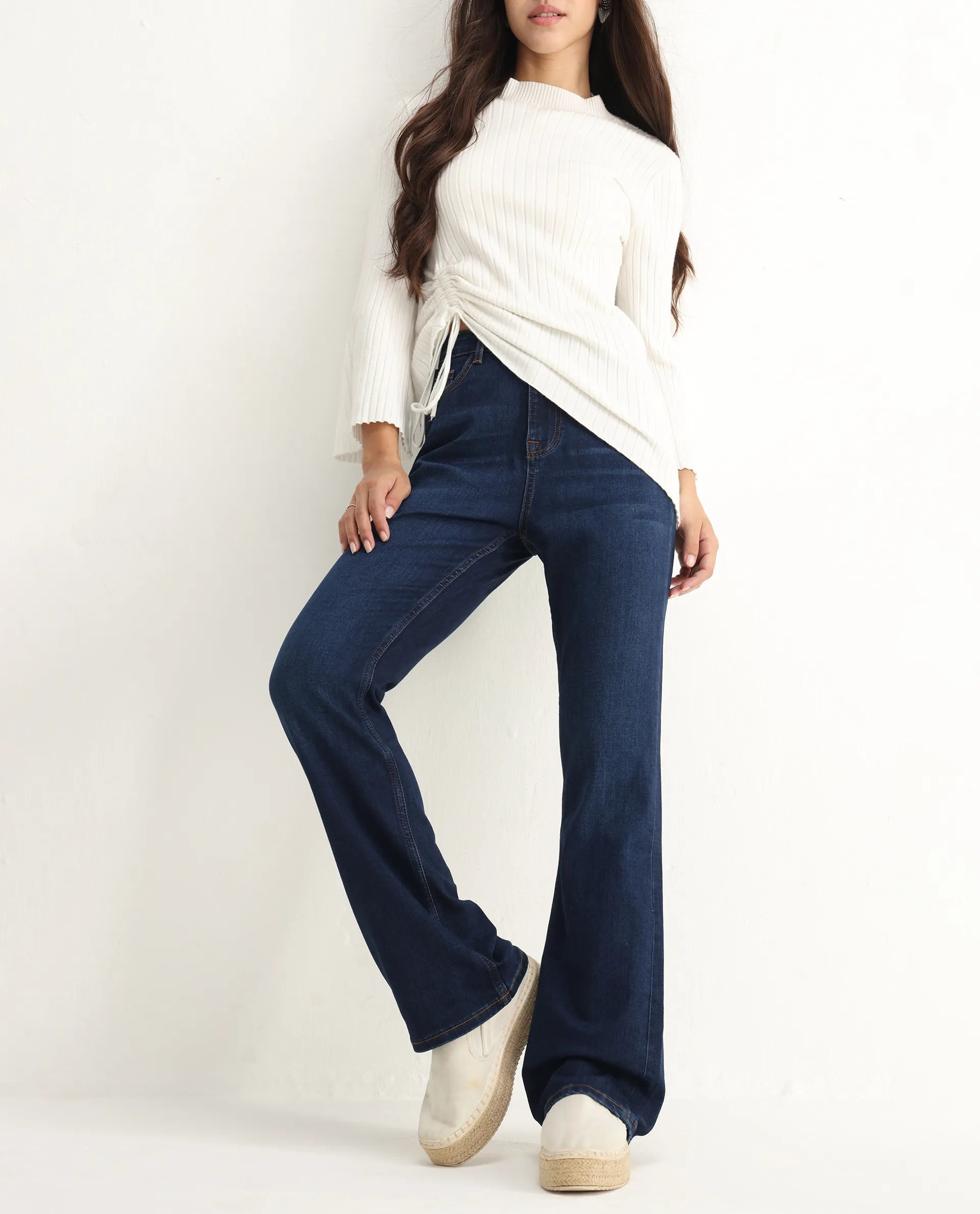 Rareism Women's Hadley Dark Blue Cotton Blend Plain Ankle Length Iconic Bootcut Jeans