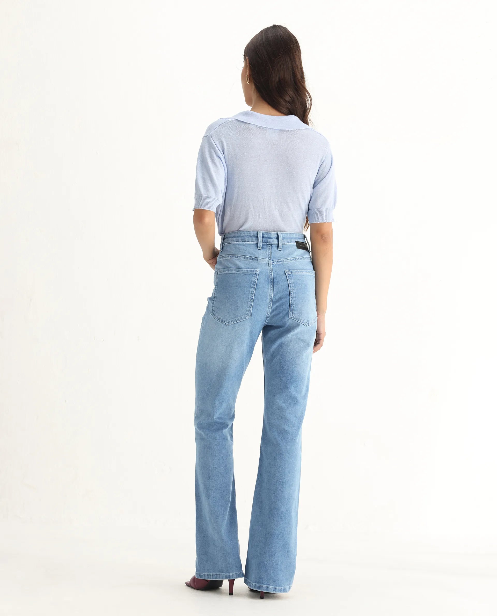 Rareism Women's Hadley Pastel Blue Cotton Blend Plain Ankle Length Bootcut Jeans