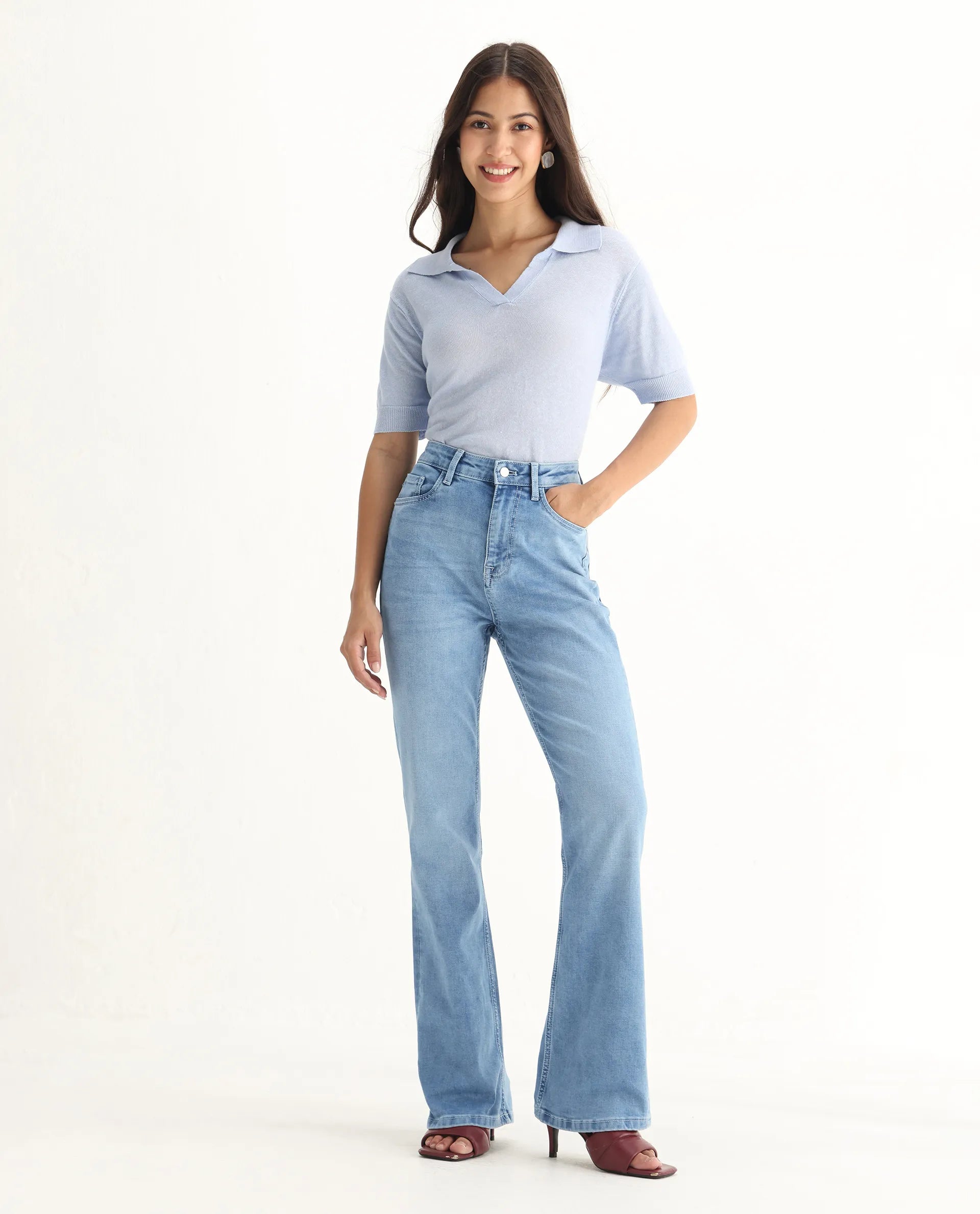 Rareism Women's Hadley Pastel Blue Cotton Blend Plain Ankle Length Bootcut Jeans