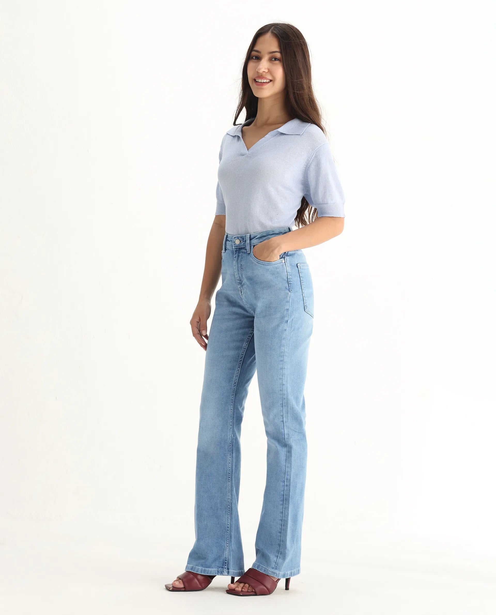 Rareism Women's Hadley Pastel Blue Cotton Blend Plain Ankle Length Bootcut Jeans