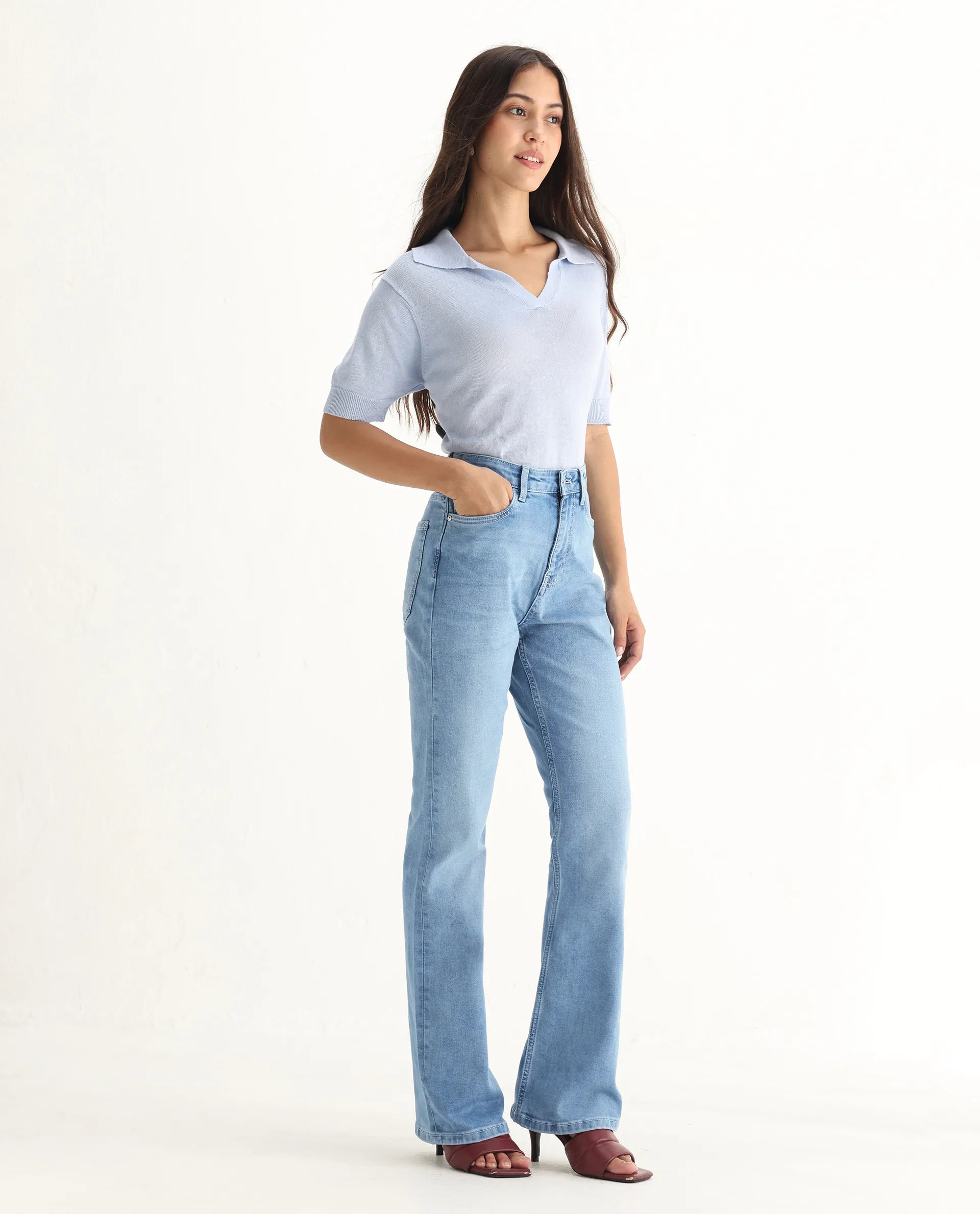 Rareism Women's Hadley Pastel Blue Cotton Blend Plain Ankle Length Bootcut Jeans