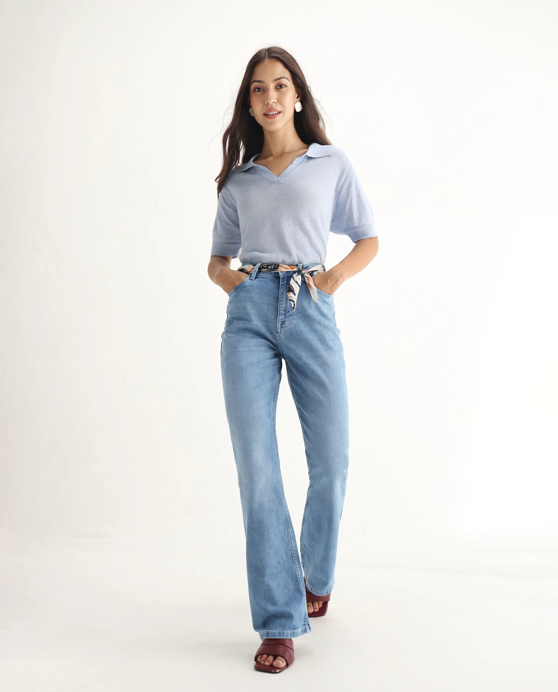 Rareism Women's Hadley Pastel Blue Cotton Blend Plain Ankle Length Bootcut Jeans