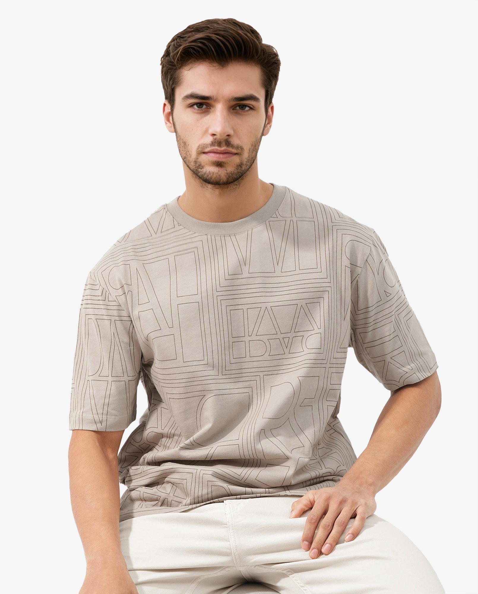 Rare Rabbit Articale Men's Hagrid Beige Cotton Polyester Fabric Crew Neck Oversized Fit Branded Graphic Print T-Shirt