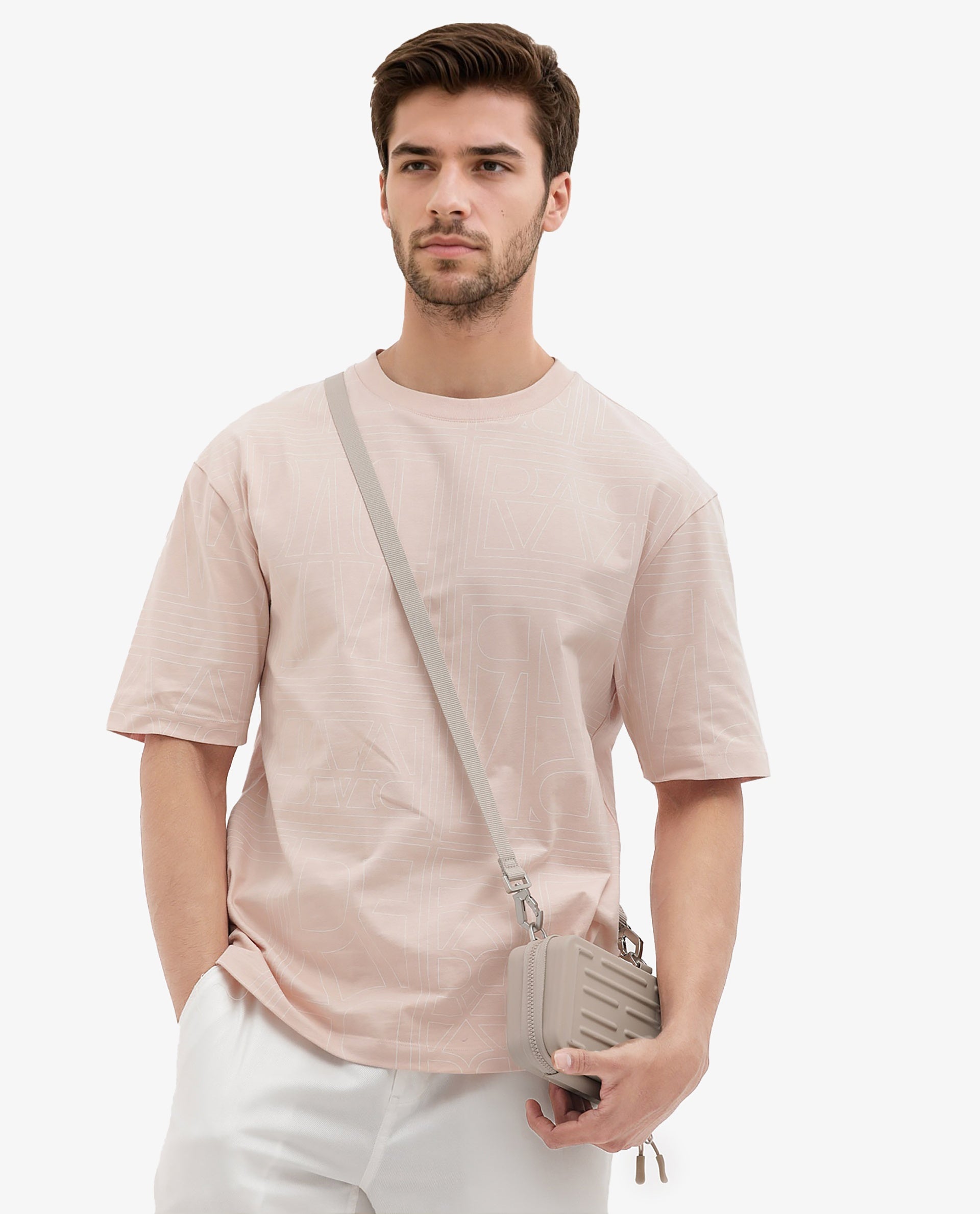 Rare Rabbit Articale Men's Hagrid Pastel Pink Cotton Polyester Fabric Crew Neck Oversized Fit Branded Graphic Print T-Shirt