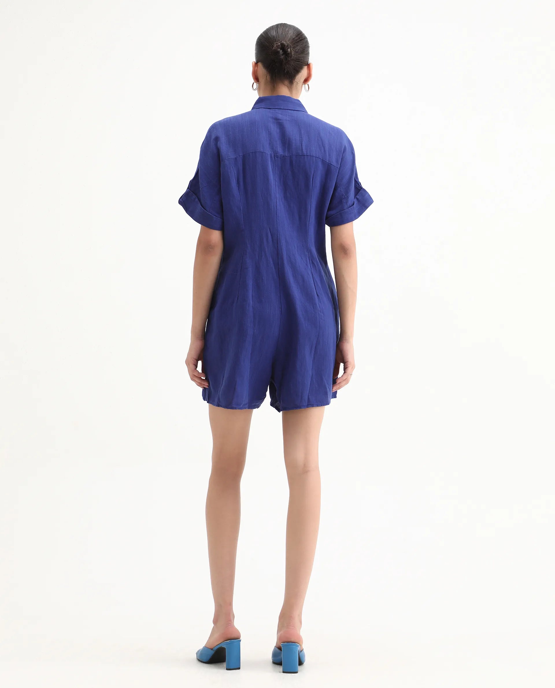 Rareism Women's Hamster Blue Linen Spread Collar Plain Knee Length Regular Fit Jumpsuit
