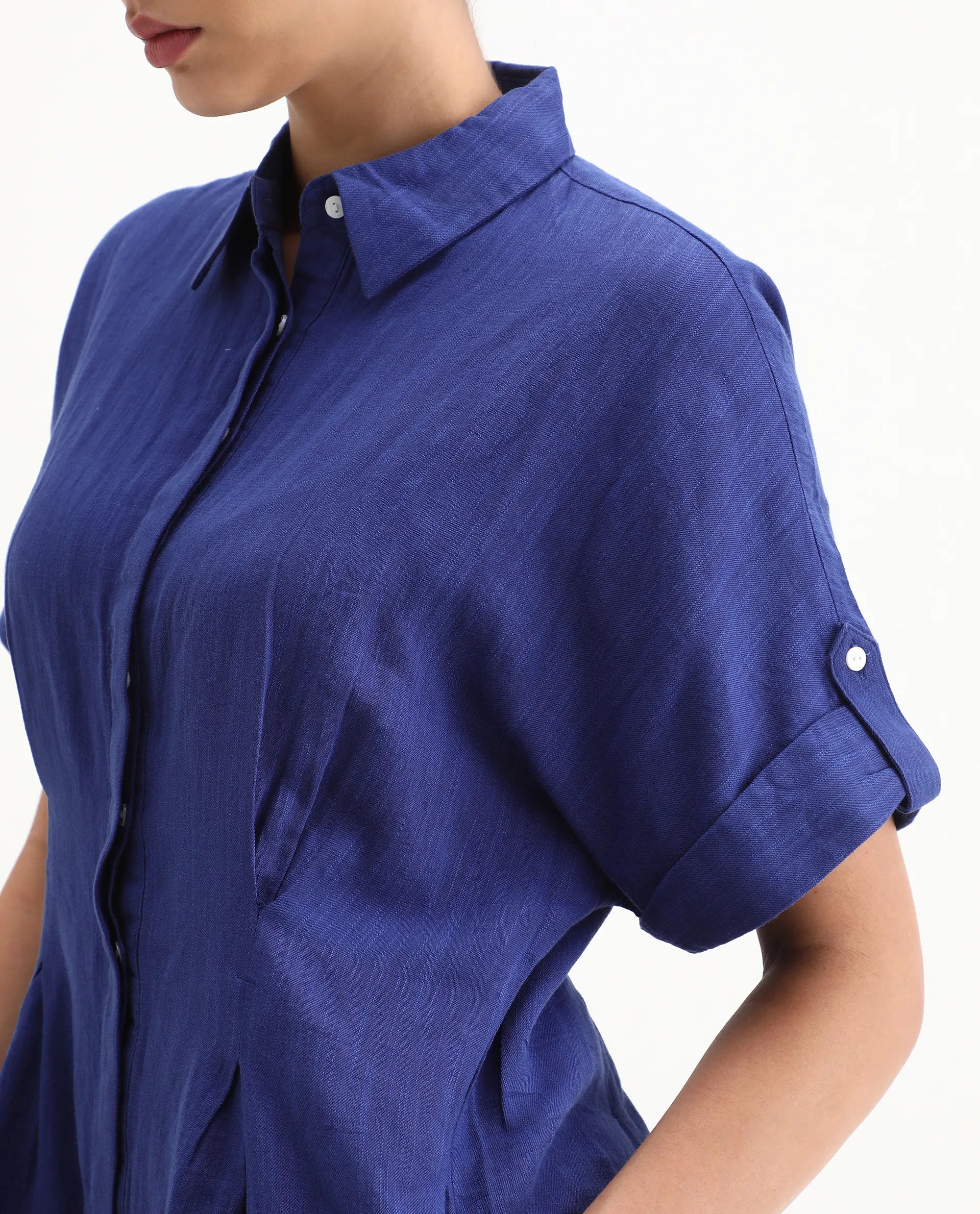 Rareism Women's Hamster Blue Linen Spread Collar Plain Knee Length Regular Fit Jumpsuit