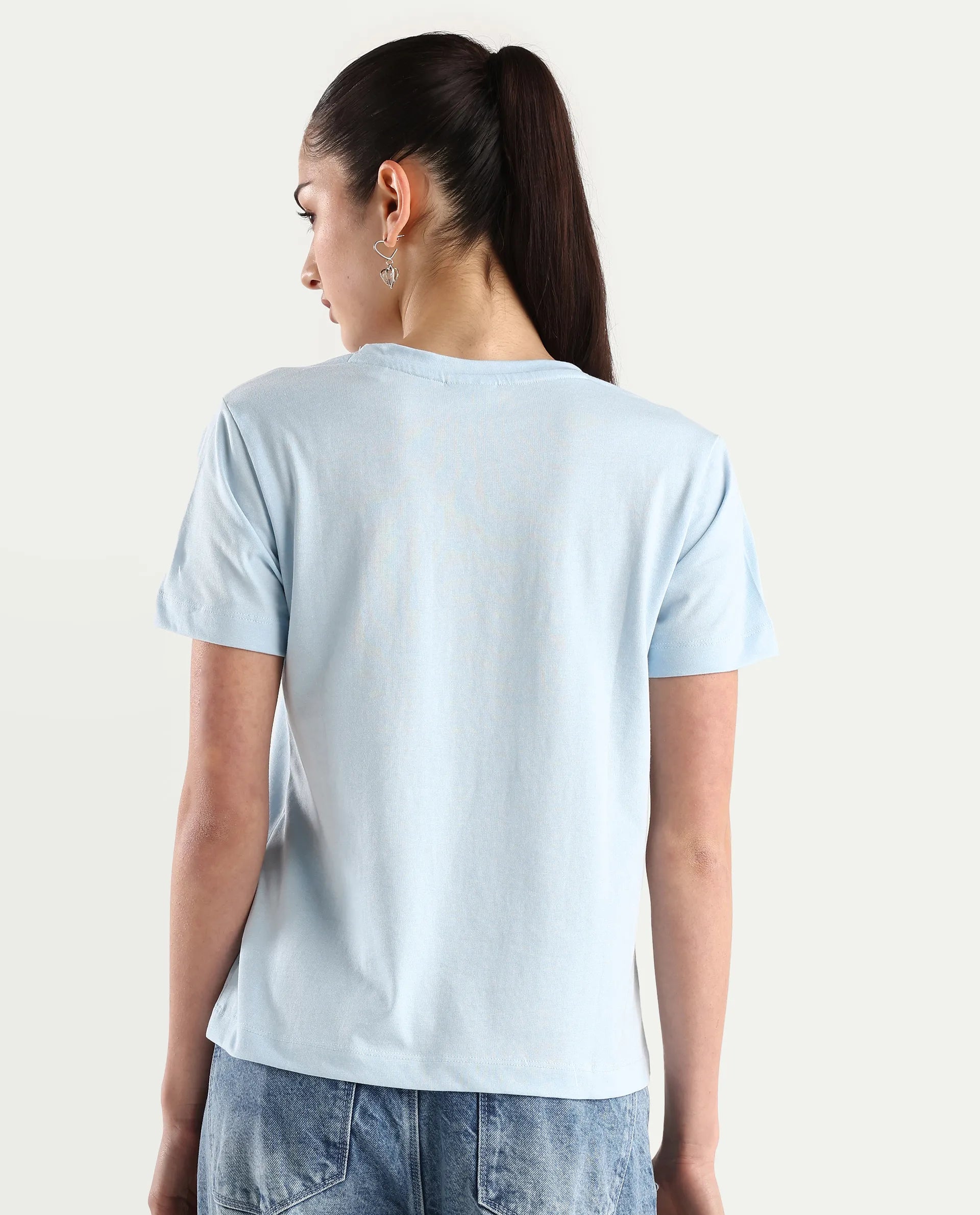 Rareism Women's Hanna Light Blue Cotton Blend Crew Neck Graphic Print Regular Fit T-Shirt