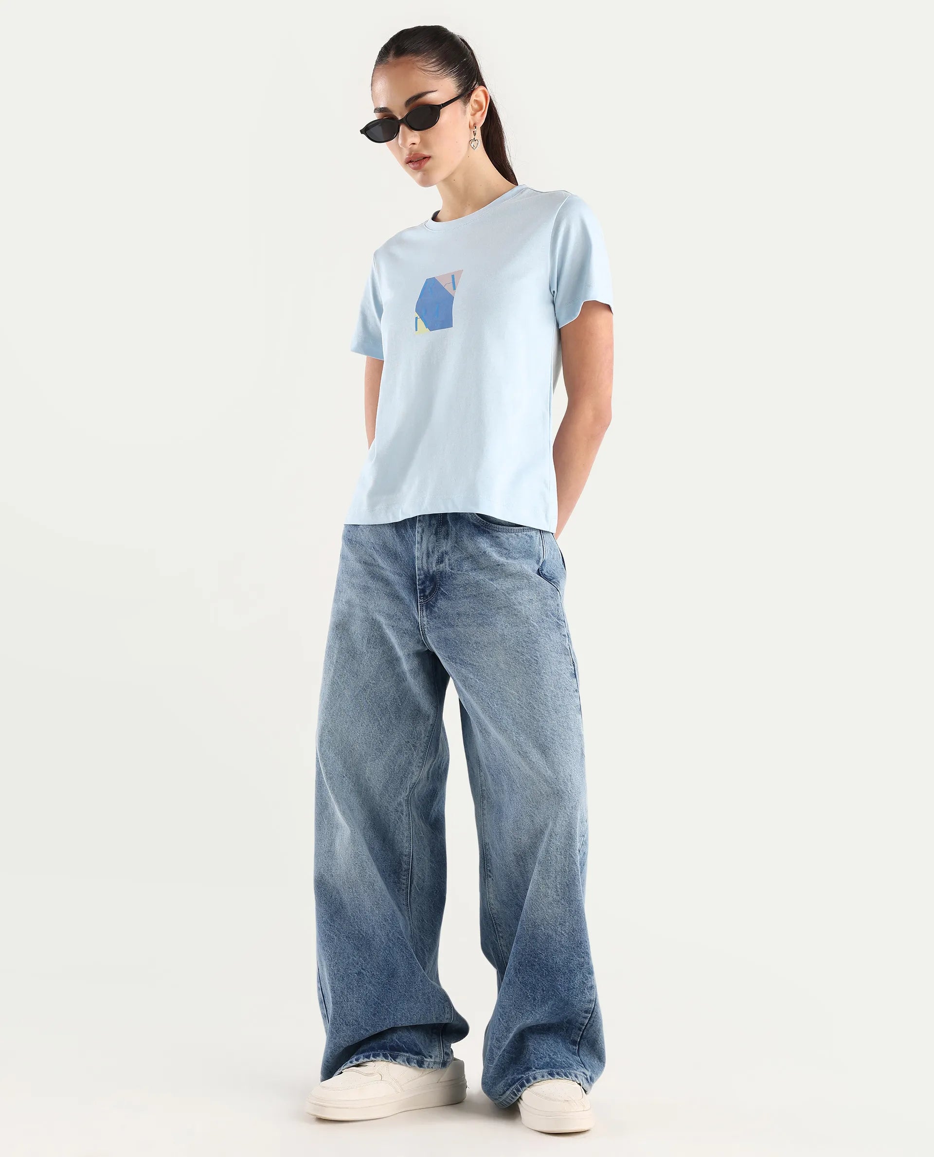 Rareism Women's Hanna Light Blue Cotton Blend Crew Neck Graphic Print Regular Fit T-Shirt