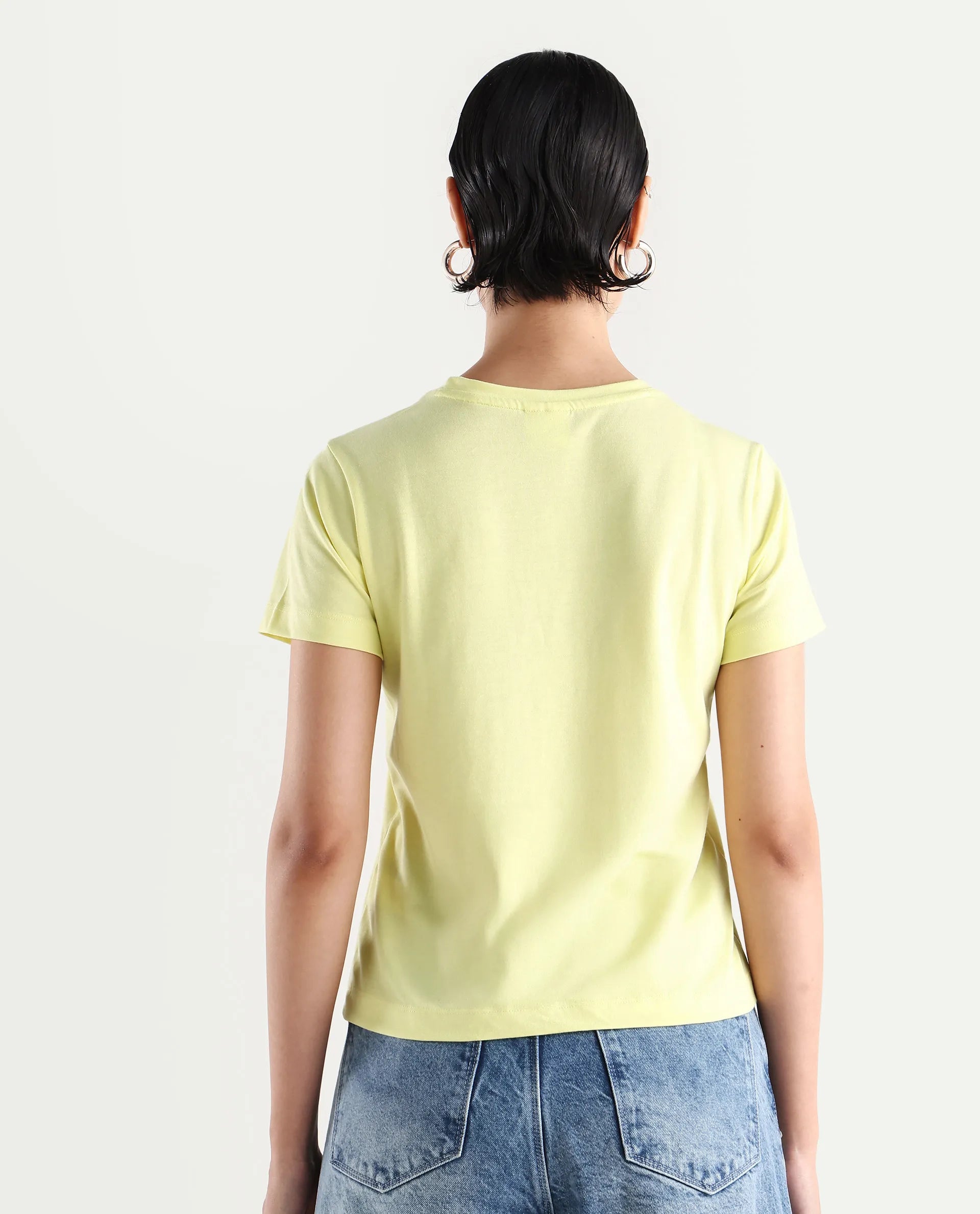 Rareism Women's Hanna Yellow Cotton Blend Crew Neck Graphic Print Regular Fit T-Shirt