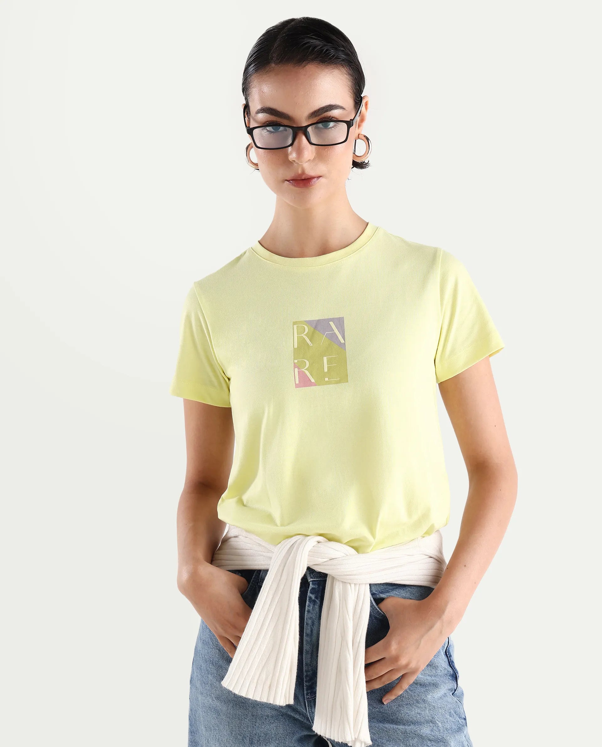 Rareism Women's Hanna Yellow Cotton Blend Crew Neck Graphic Print Regular Fit T-Shirt