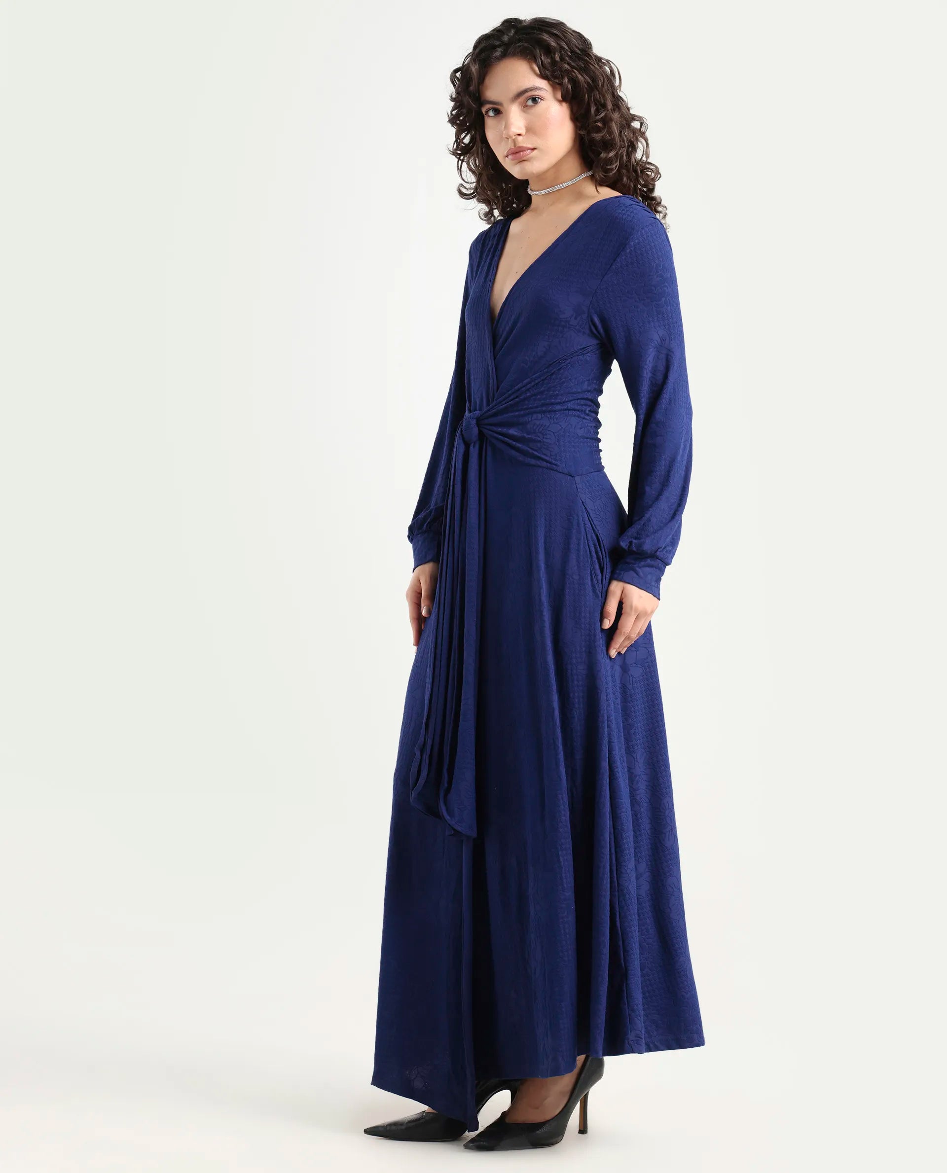 Rareism Women's Harpa Navy Polyester V-Neck Plain Bishop Sleeve Maxi Regular Fit Dress