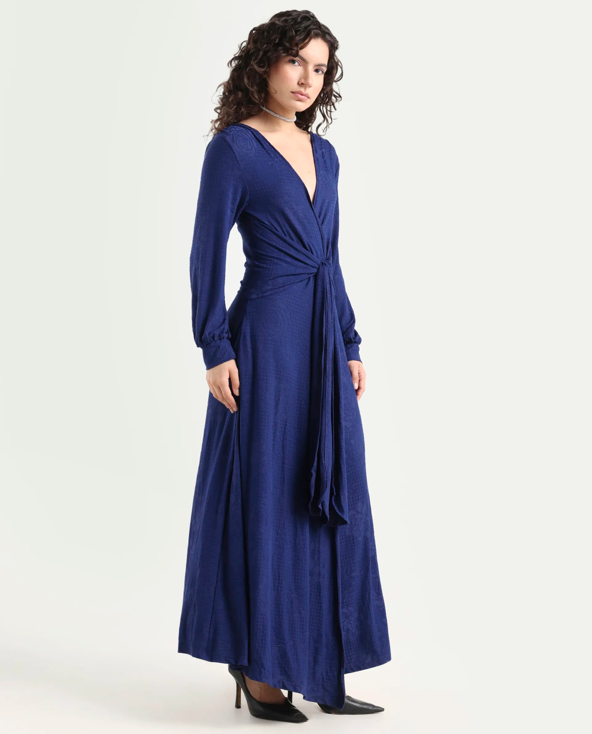 Rareism Women's Harpa Navy Polyester V-Neck Plain Bishop Sleeve Maxi Regular Fit Dress